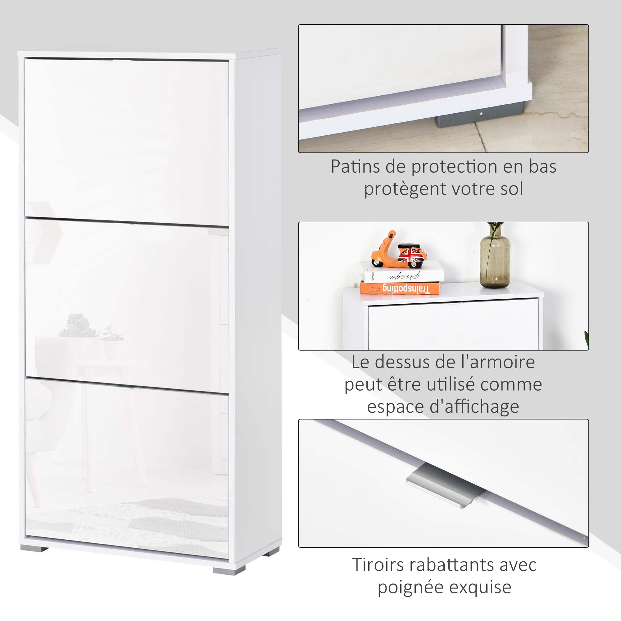 Shoe Storage Cabinet Shoe Rack 3 Drop-Down Doors 3 Compartments Wood 60L x 26W x 124H cm High Gloss White