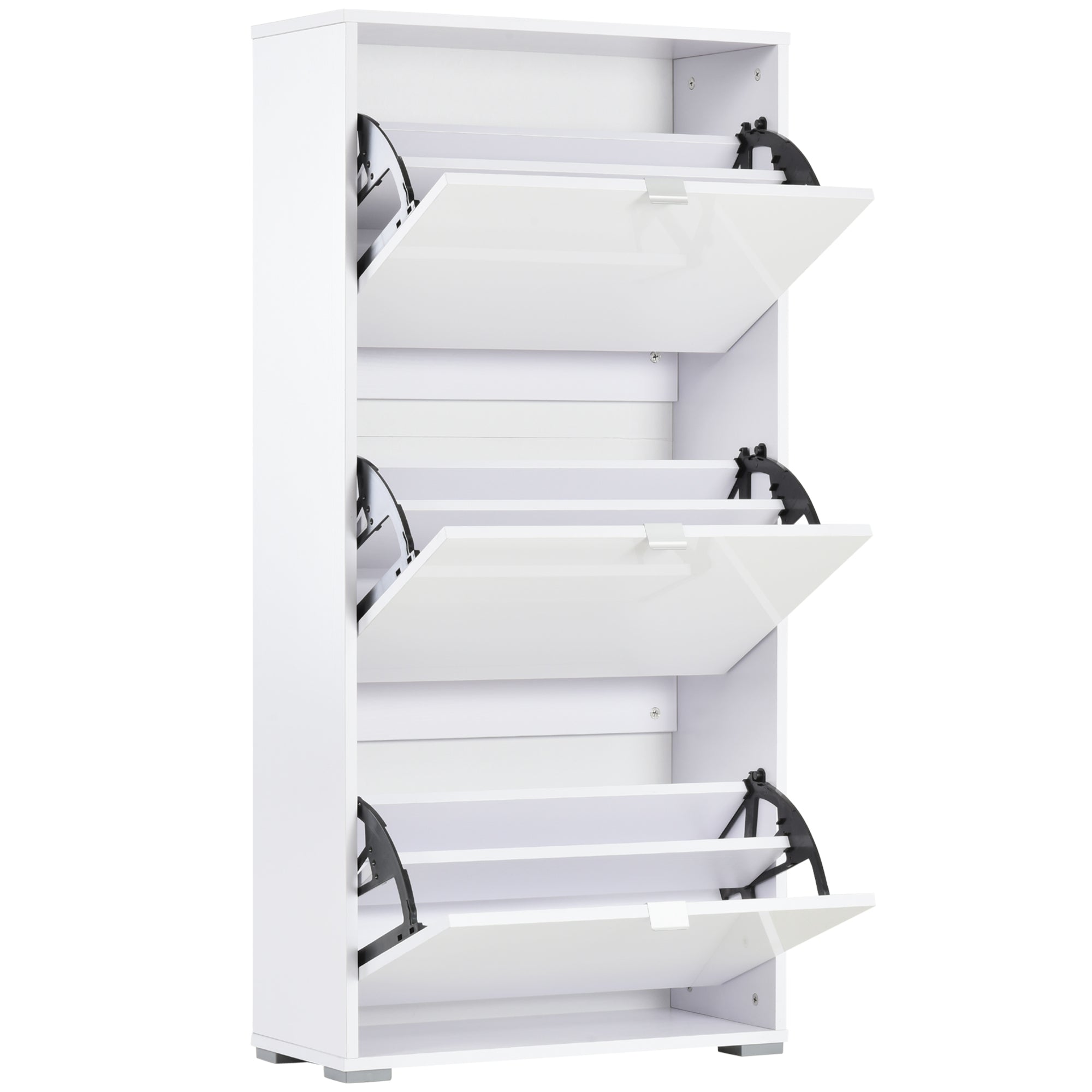 Shoe Storage Cabinet Shoe Rack 3 Drop-Down Doors 3 Compartments Wood 60L x 26W x 124H cm High Gloss White
