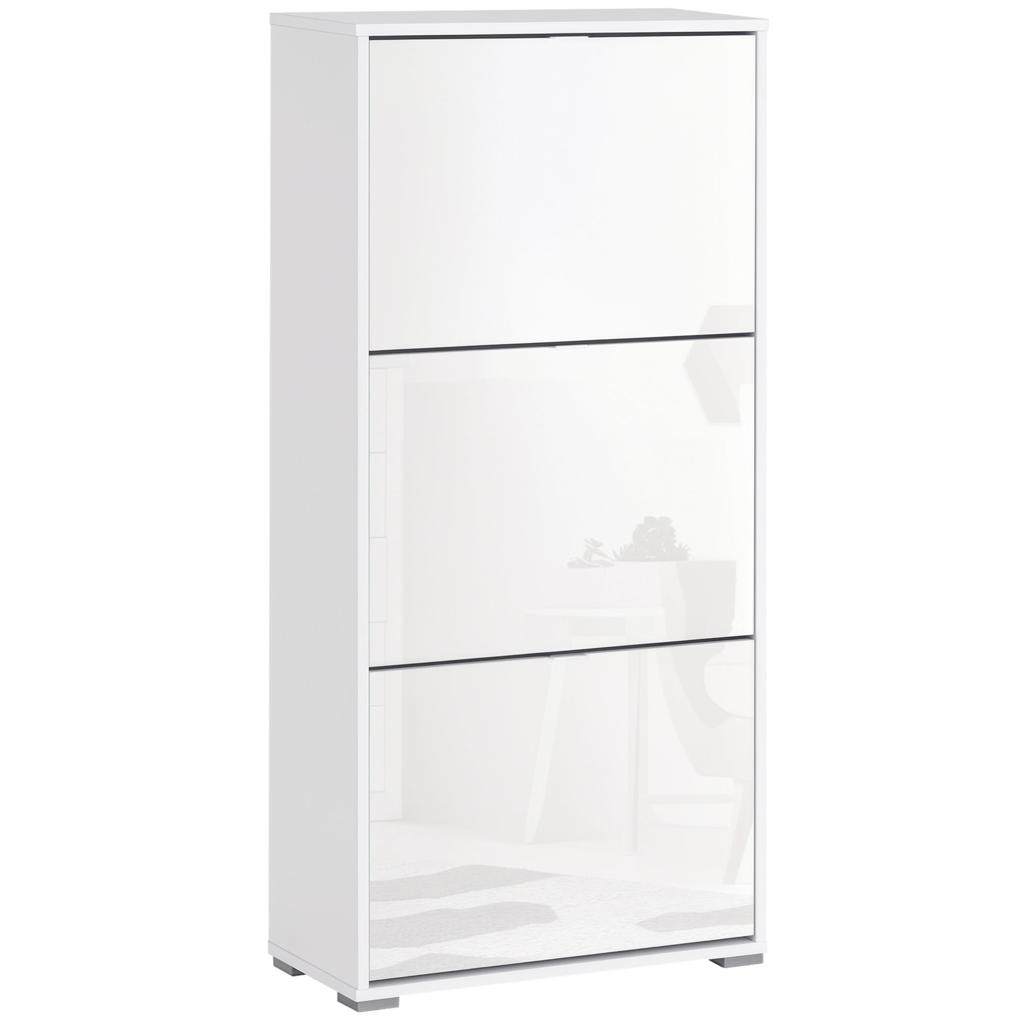Shoe Storage Cabinet Shoe Rack 3 Drop-Down Doors 3 Compartments Wood 60L x 26W x 124H cm High Gloss White