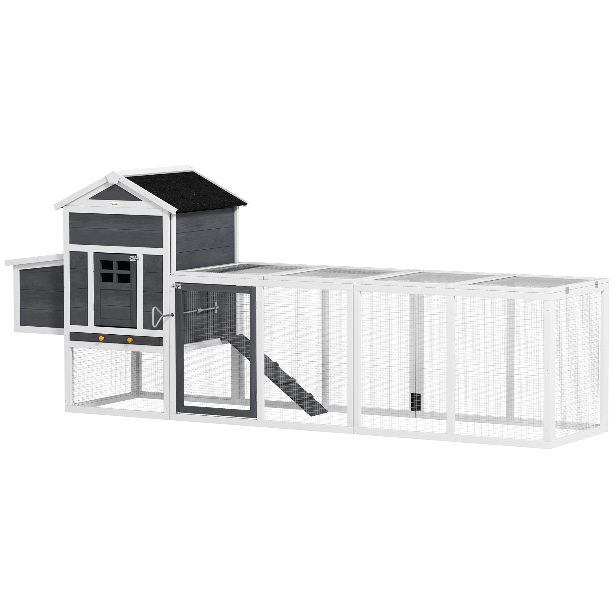 Outdoor Chicken Coop Wooden Chicken Coop Large Cage for 3-6 Hens with Nest Box Asphalt Roof Removable Tray and Ramp 297.5x68x118 cm Gray and White