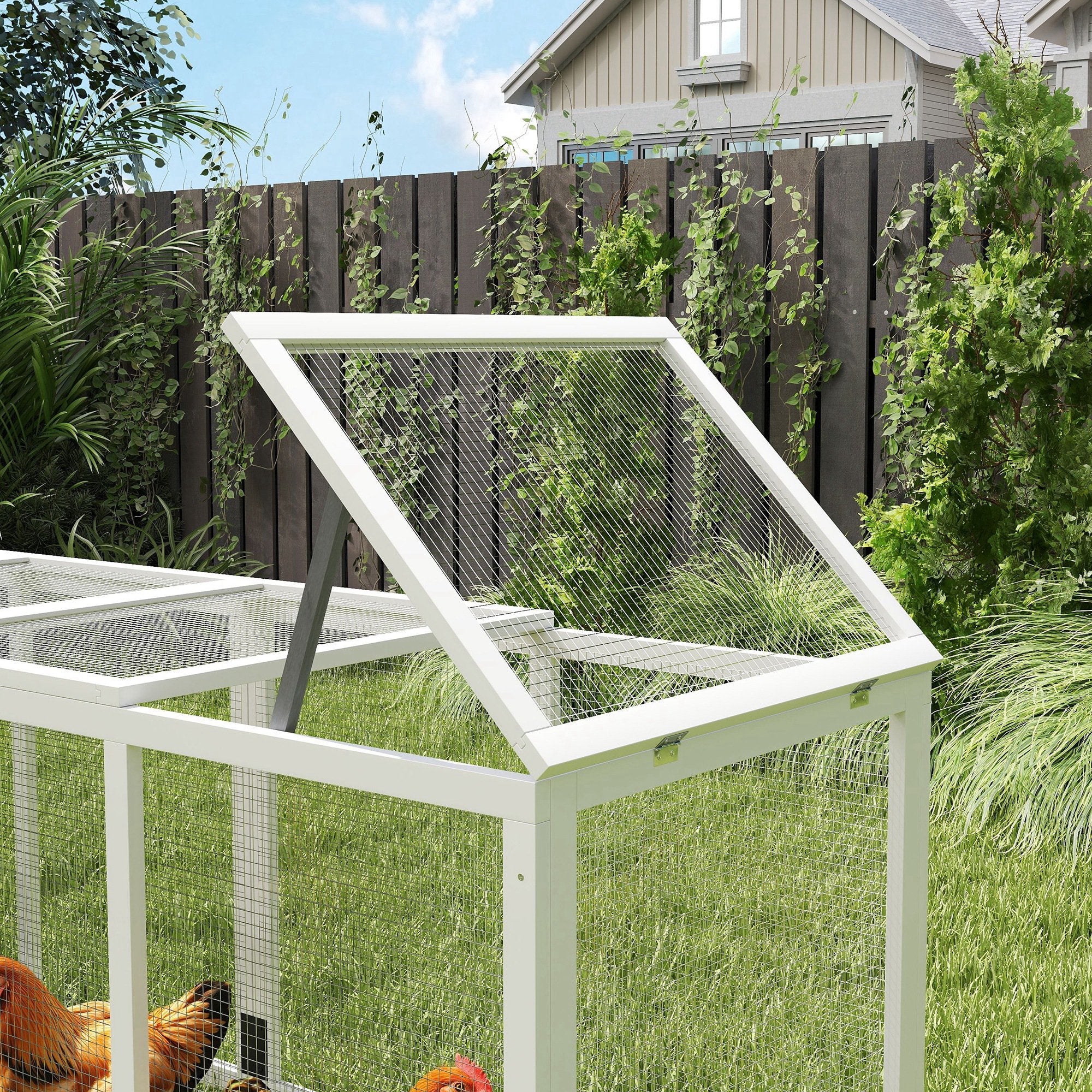 Outdoor Chicken Coop Wooden Chicken Coop Large Cage for 3-6 Hens with Nest Box Asphalt Roof Removable Tray and Ramp 297.5x68x118 cm Gray and White