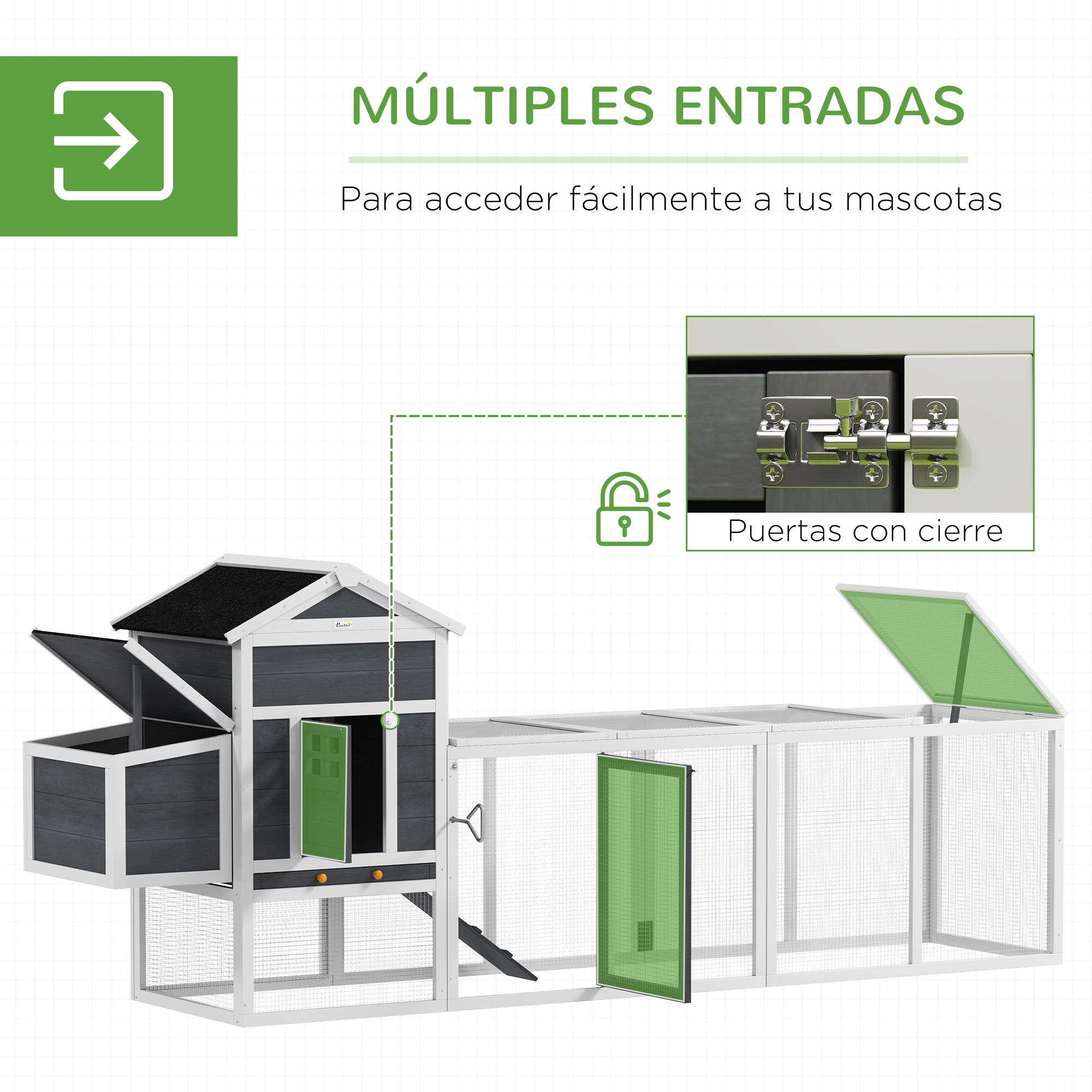 Outdoor Chicken Coop Wooden Chicken Coop Large Cage for 3-6 Hens with Nest Box Asphalt Roof Removable Tray and Ramp 297.5x68x118 cm Gray and White