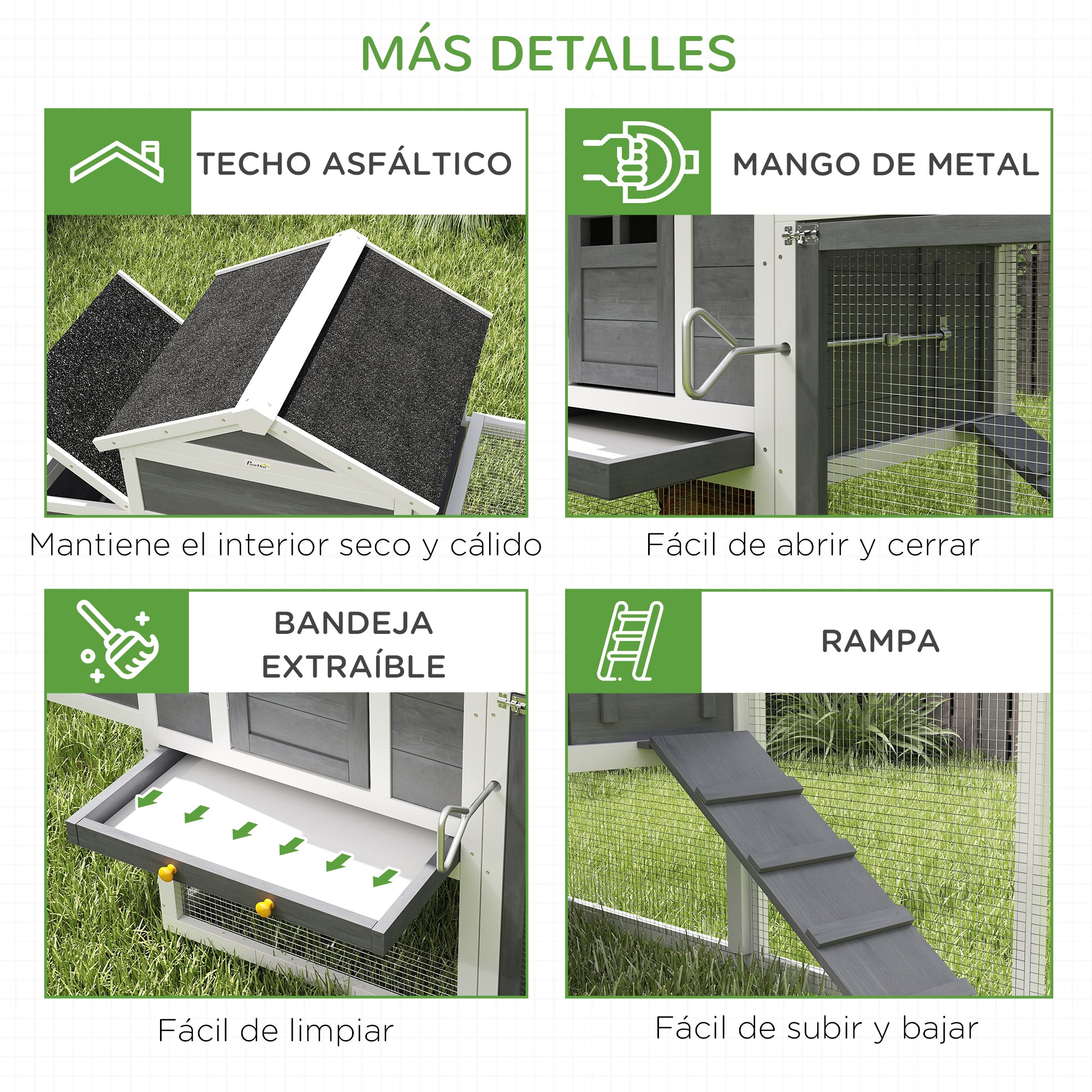 Outdoor Chicken Coop Wooden Chicken Coop Large Cage for 3-6 Hens with Nest Box Asphalt Roof Removable Tray and Ramp 297.5x68x118 cm Gray and White