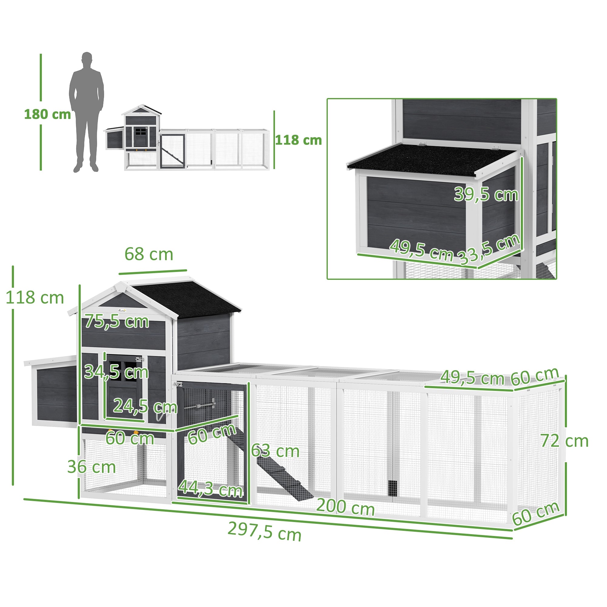 Outdoor Chicken Coop Wooden Chicken Coop Large Cage for 3-6 Hens with Nest Box Asphalt Roof Removable Tray and Ramp 297.5x68x118 cm Gray and White