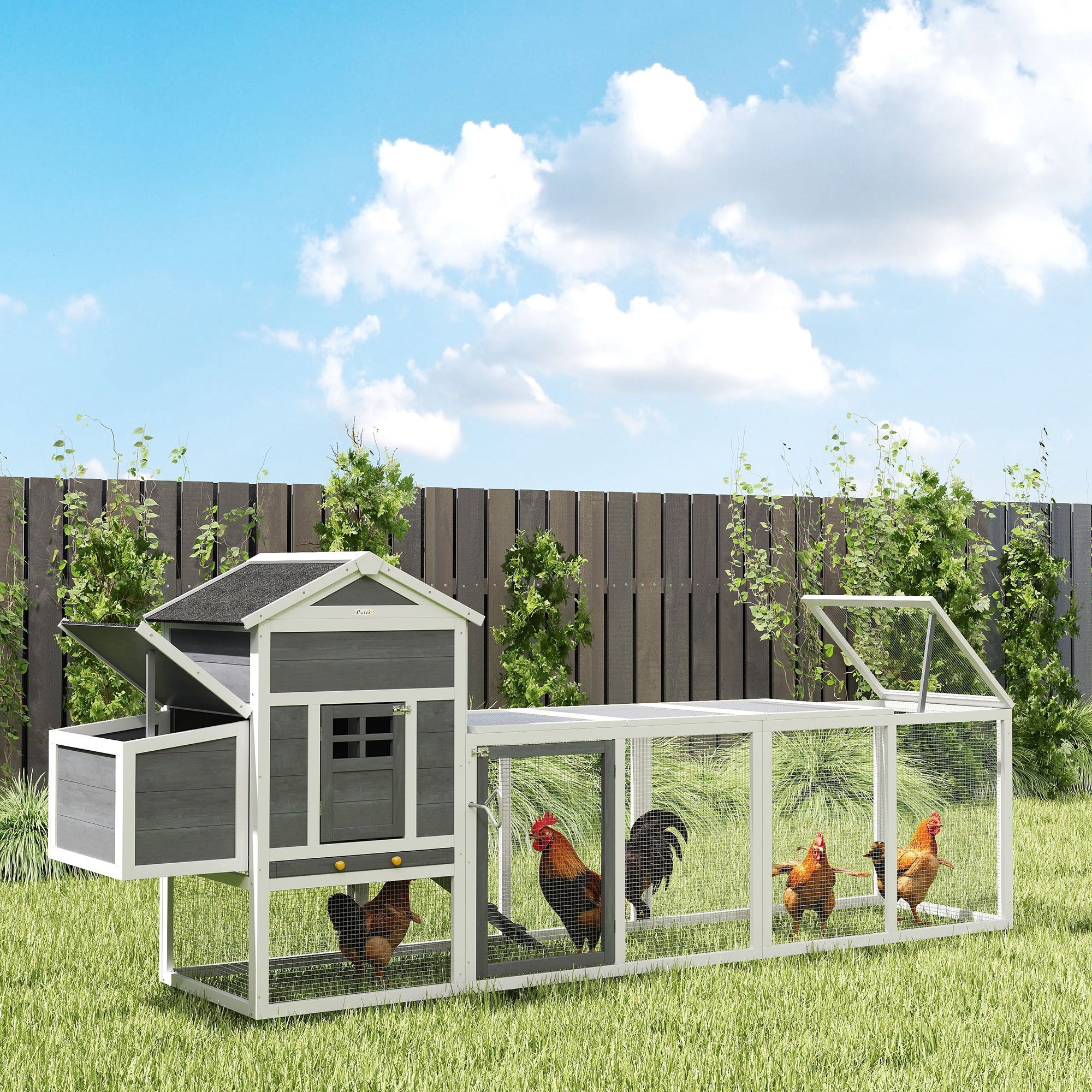 Outdoor Chicken Coop Wooden Chicken Coop Large Cage for 3-6 Hens with Nest Box Asphalt Roof Removable Tray and Ramp 297.5x68x118 cm Gray and White