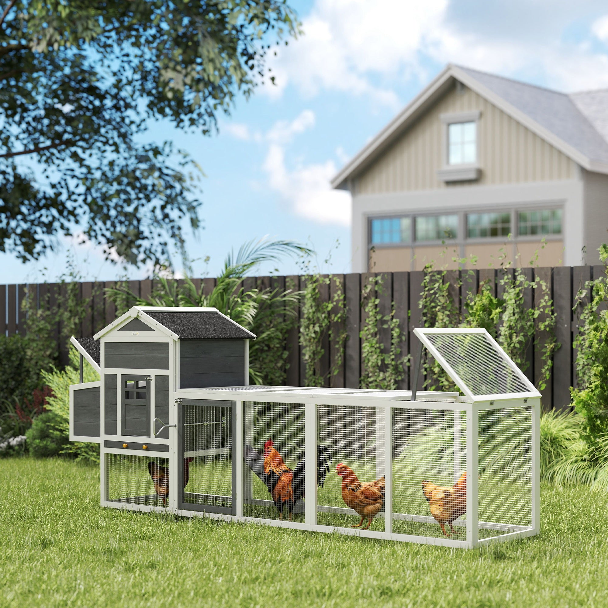 Outdoor Chicken Coop Wooden Chicken Coop Large Cage for 3-6 Hens with Nest Box Asphalt Roof Removable Tray and Ramp 297.5x68x118 cm Gray and White