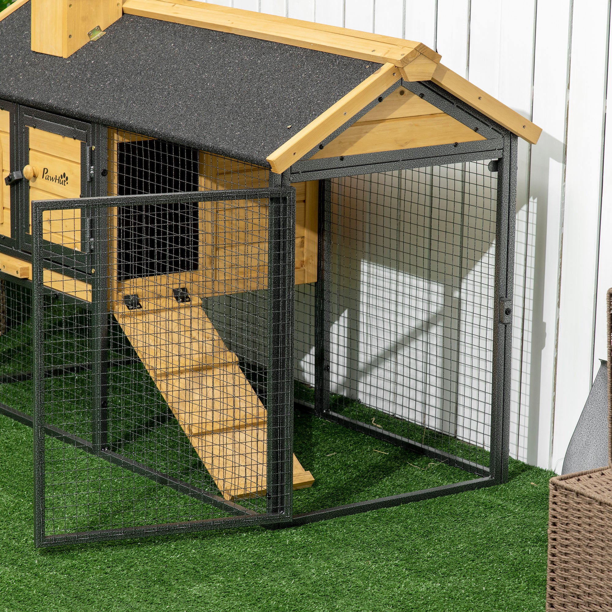 2-Tier Wooden Rabbit Hutch with Open Area Asphalt Roof Removable Tray Doors and Ramp Outdoor Rabbit Hutch 47.2"L x 21.9"W x 31.5"H Natural and Black