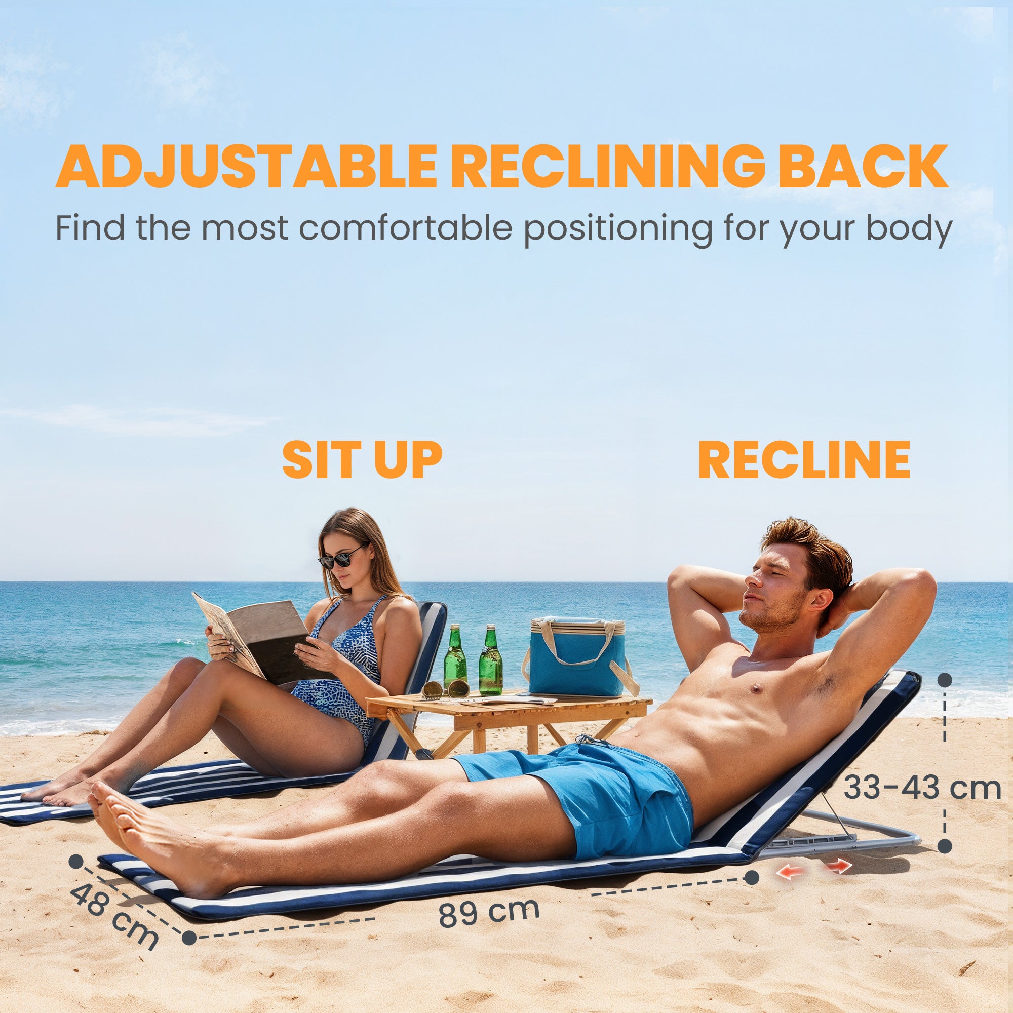 Folding Beach Lounger with Cushion — 5-Position Adjustable Backrest, Includes Carry Bag for Garden, Holidays, Outdoors, Beach & Pool, Blue (Set of 2)