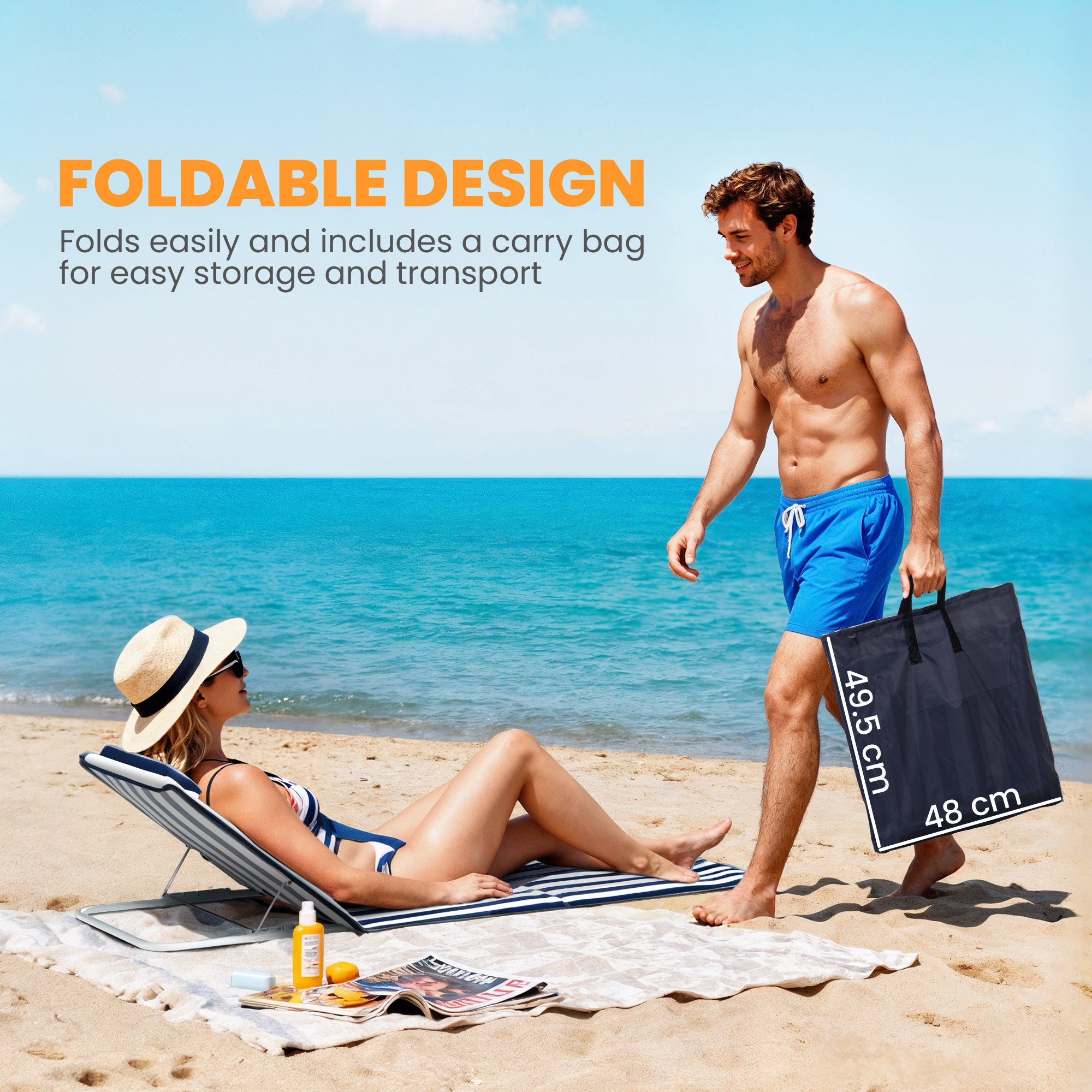 Folding Beach Lounger with Cushion — 5-Position Adjustable Backrest, Includes Carry Bag for Garden, Holidays, Outdoors, Beach & Pool, Blue (Set of 2)