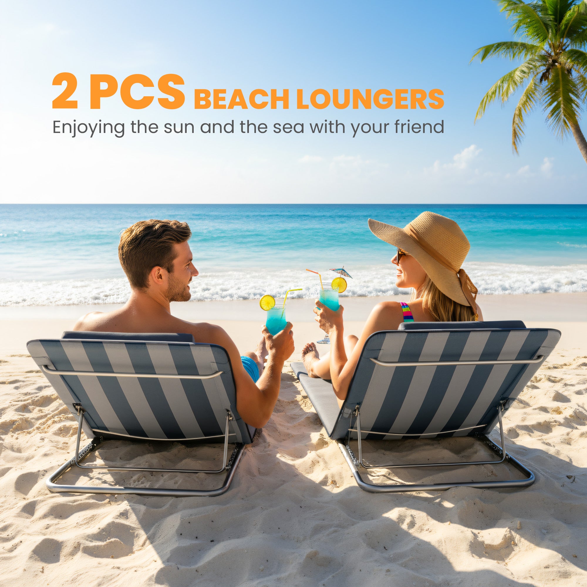 Folding Beach Lounger with Cushion — 5-Position Adjustable Backrest, Includes Carry Bag for Garden, Holidays, Outdoors, Beach & Pool, Blue (Set of 2)