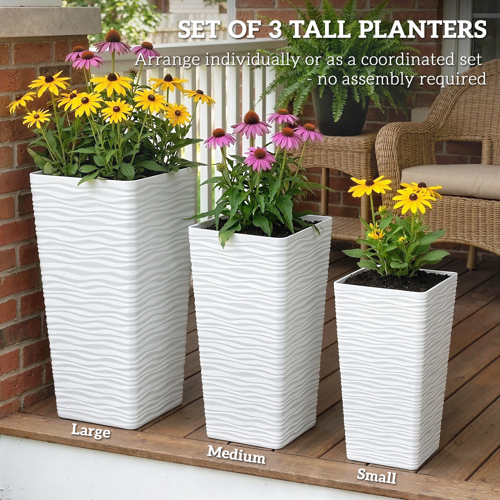 Set of 3 Stackable Square Outdoor Planters with Wavy Pattern, Drainage Holes, 42/55/65 cm (16.5/21.7/25.6 in) — White, Black, Brown