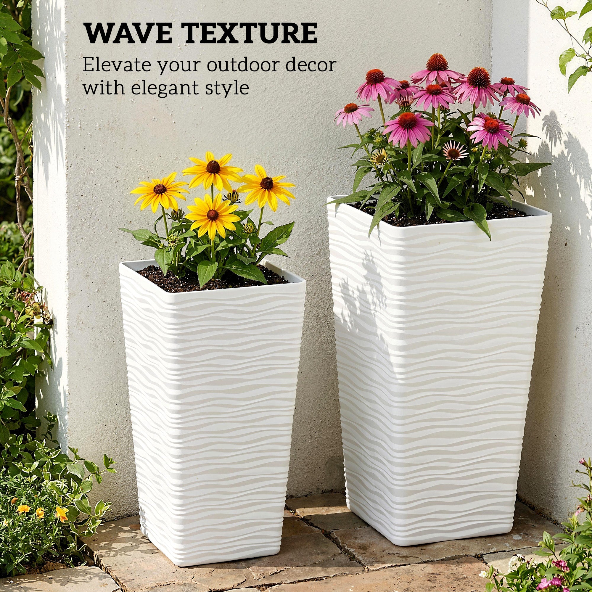 Set of 3 Stackable Square Outdoor Planters with Wavy Pattern, Drainage Holes, 42/55/65 cm (16.5/21.7/25.6 in) — White, Black, Brown