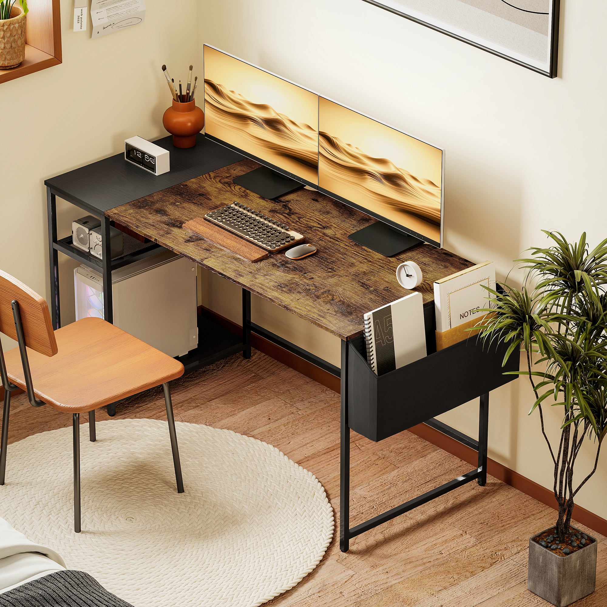 Computer Desk, 150 x 60 cm Home Office Desk with Storage, Reversible Shelves, Fabric Bag, for Small Spaces, Bedroom, Brown