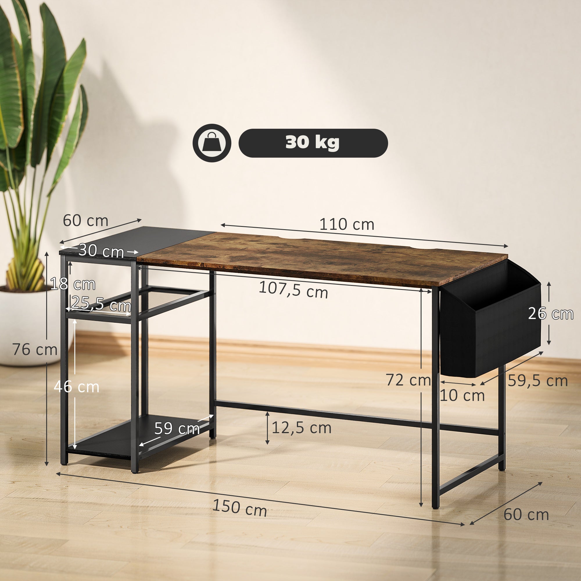 Computer Desk, 150 x 60 cm Home Office Desk with Storage, Reversible Shelves, Fabric Bag, for Small Spaces, Bedroom, Brown