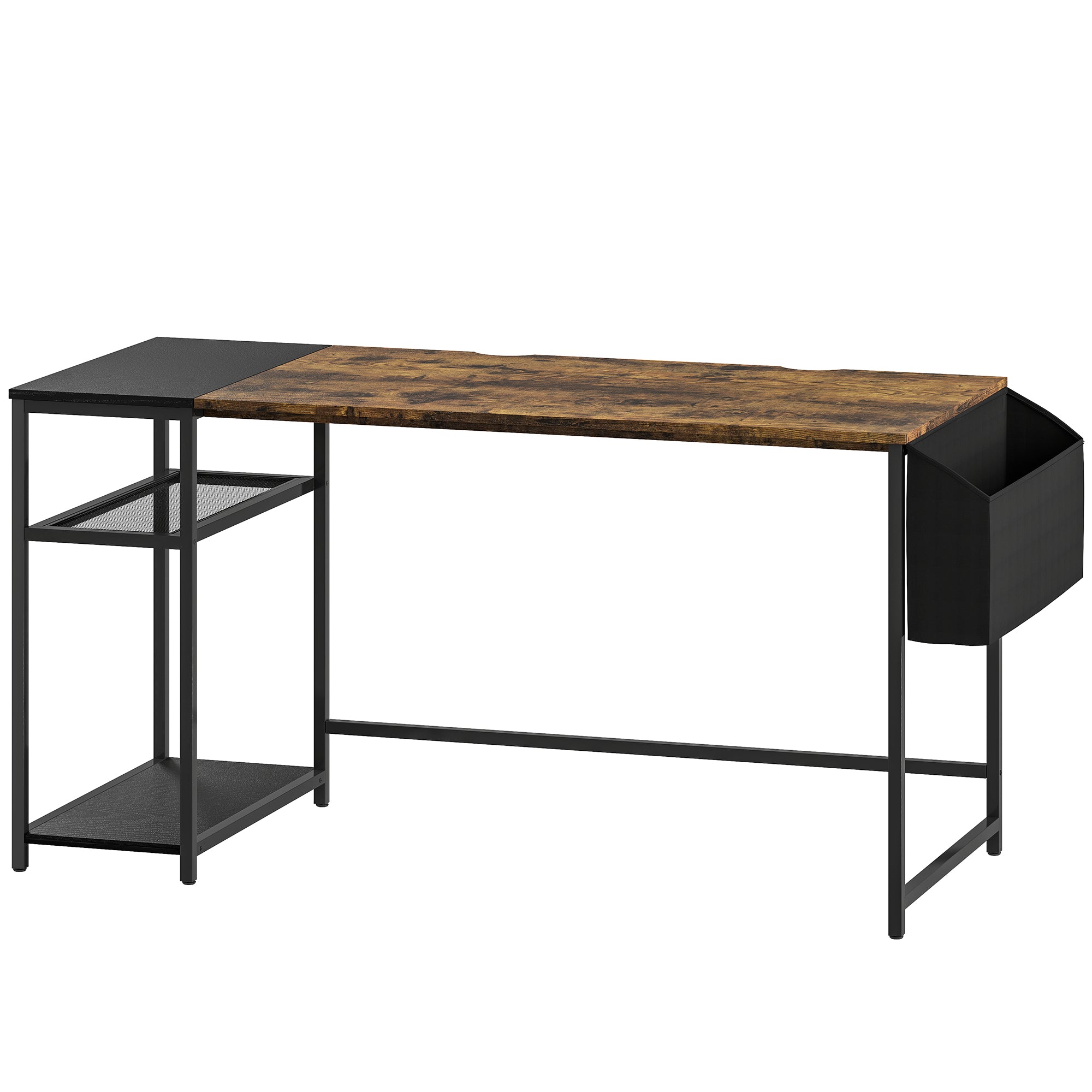 Computer Desk, 150 x 60 cm Home Office Desk with Storage, Reversible Shelves, Fabric Bag, for Small Spaces, Bedroom, Brown