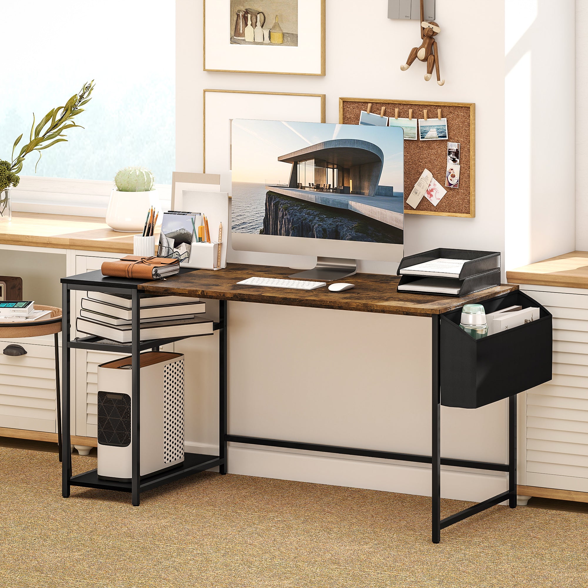 Computer Desk, 150 x 60 cm Home Office Desk with Storage, Reversible Shelves, Fabric Bag, for Small Spaces, Bedroom, Brown