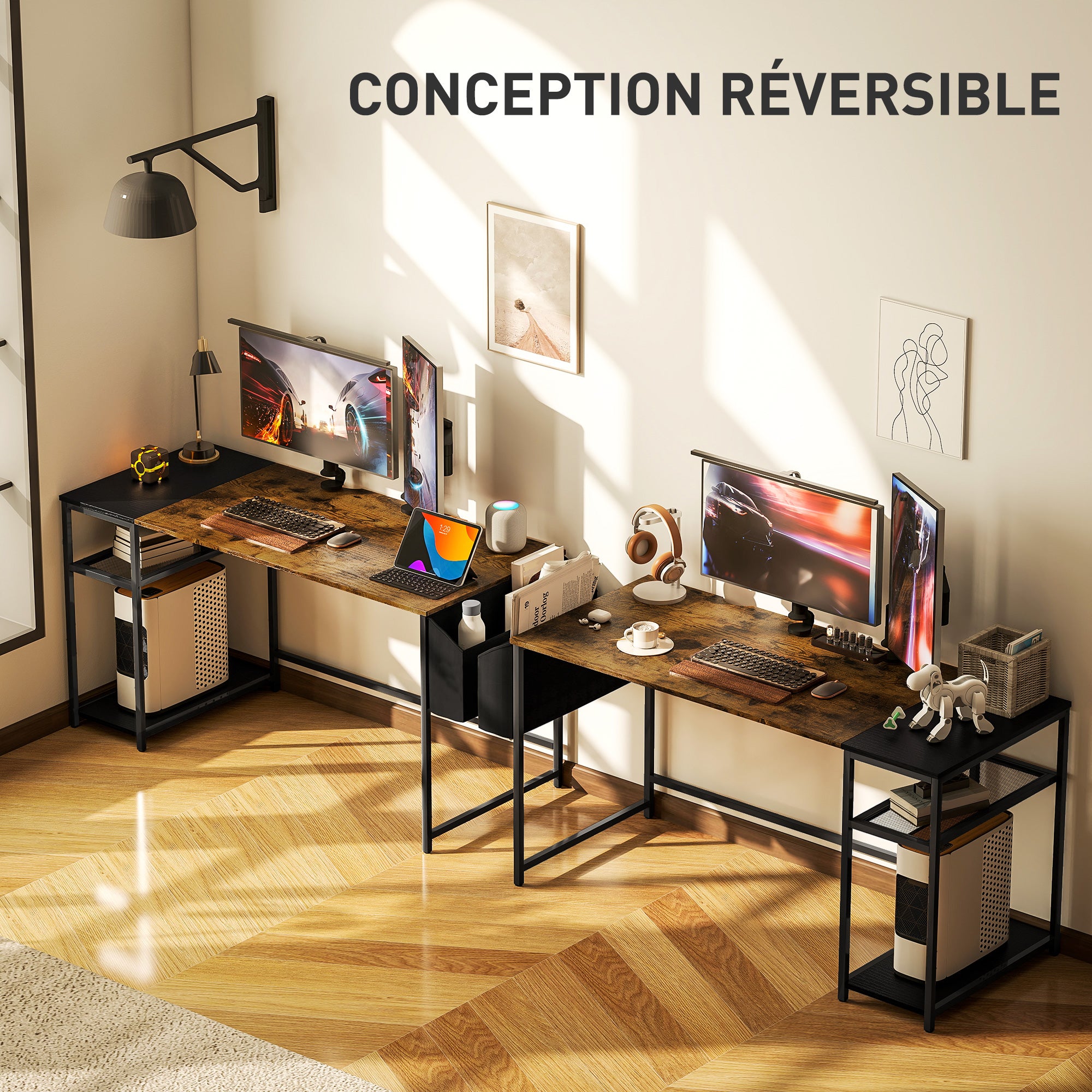 Computer Desk, 150 x 60 cm Home Office Desk with Storage, Reversible Shelves, Fabric Bag, for Small Spaces, Bedroom, Brown