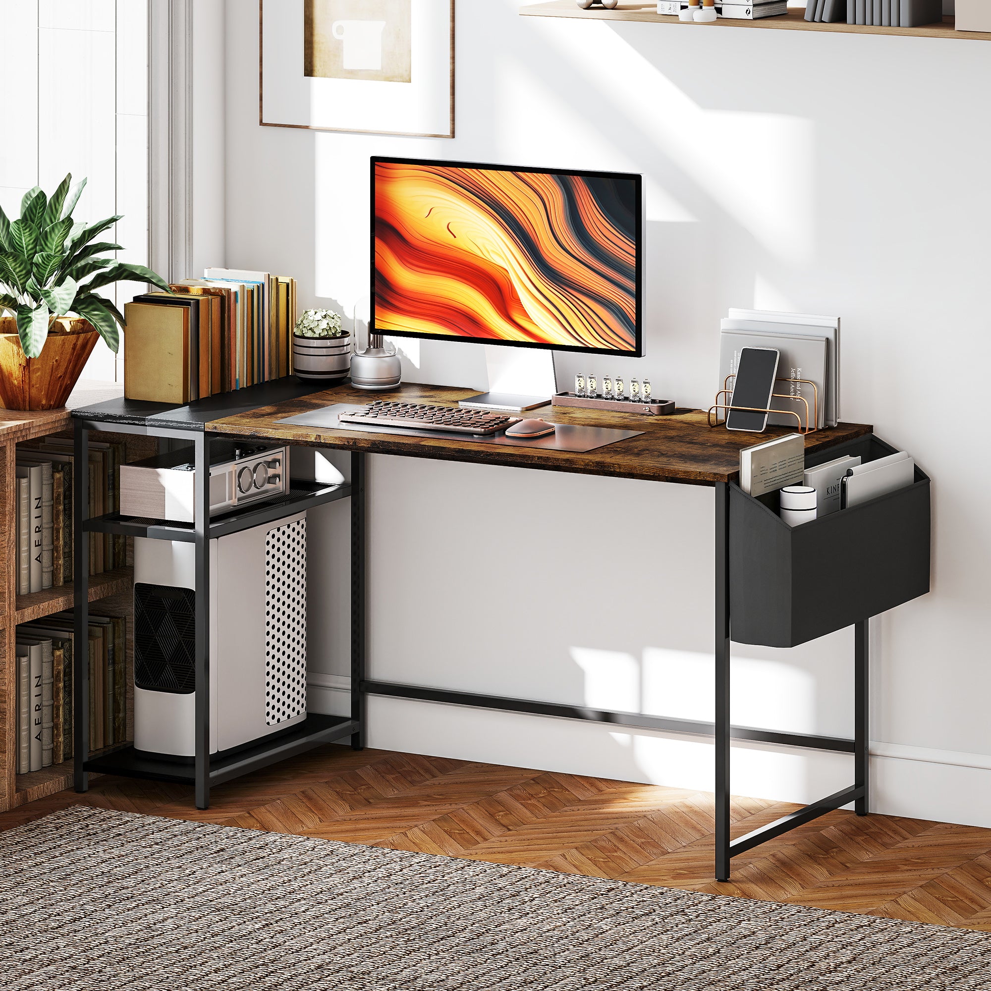 Computer Desk, 150 x 60 cm Home Office Desk with Storage, Reversible Shelves, Fabric Bag, for Small Spaces, Bedroom, Brown