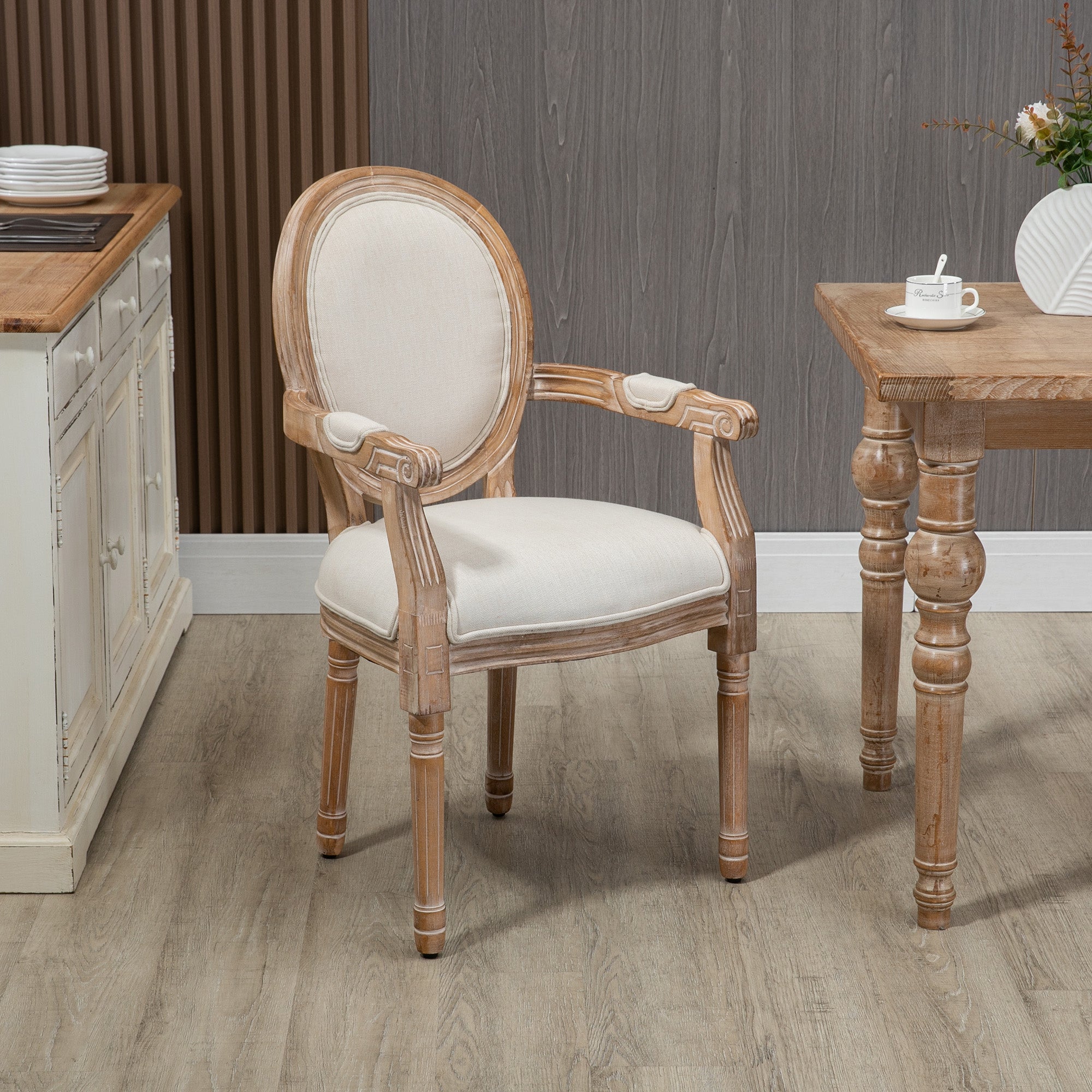 Dining Chair Kitchen Chair with Linen Look, Dining Chair, Armchair with Backrest, Wooden Legs, Upholstered Chair up to 150 kg Load Capacity, for Living Room, Kitchen, Cream