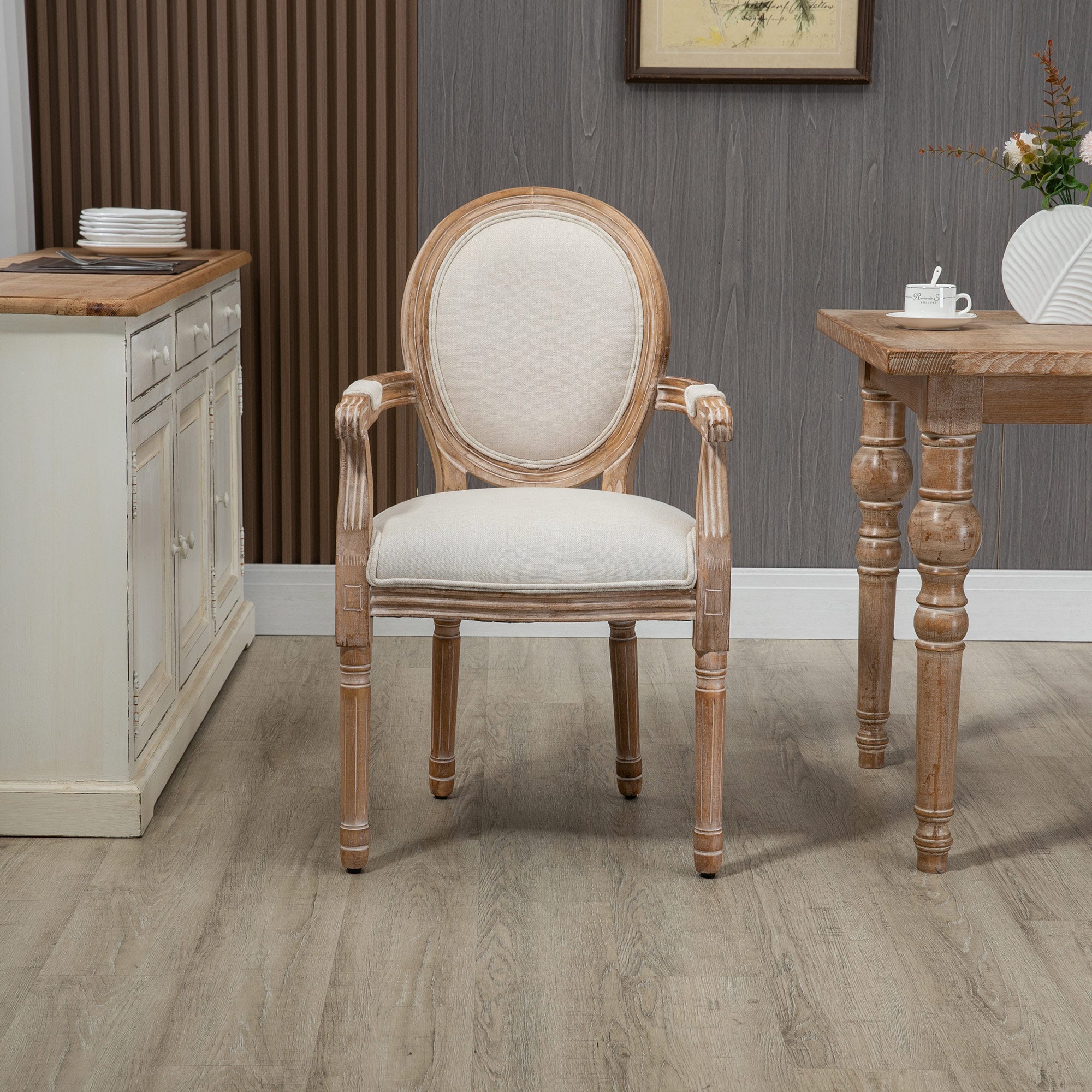 Dining Chair Kitchen Chair with Linen Look, Dining Chair, Armchair with Backrest, Wooden Legs, Upholstered Chair up to 150 kg Load Capacity, for Living Room, Kitchen, Cream
