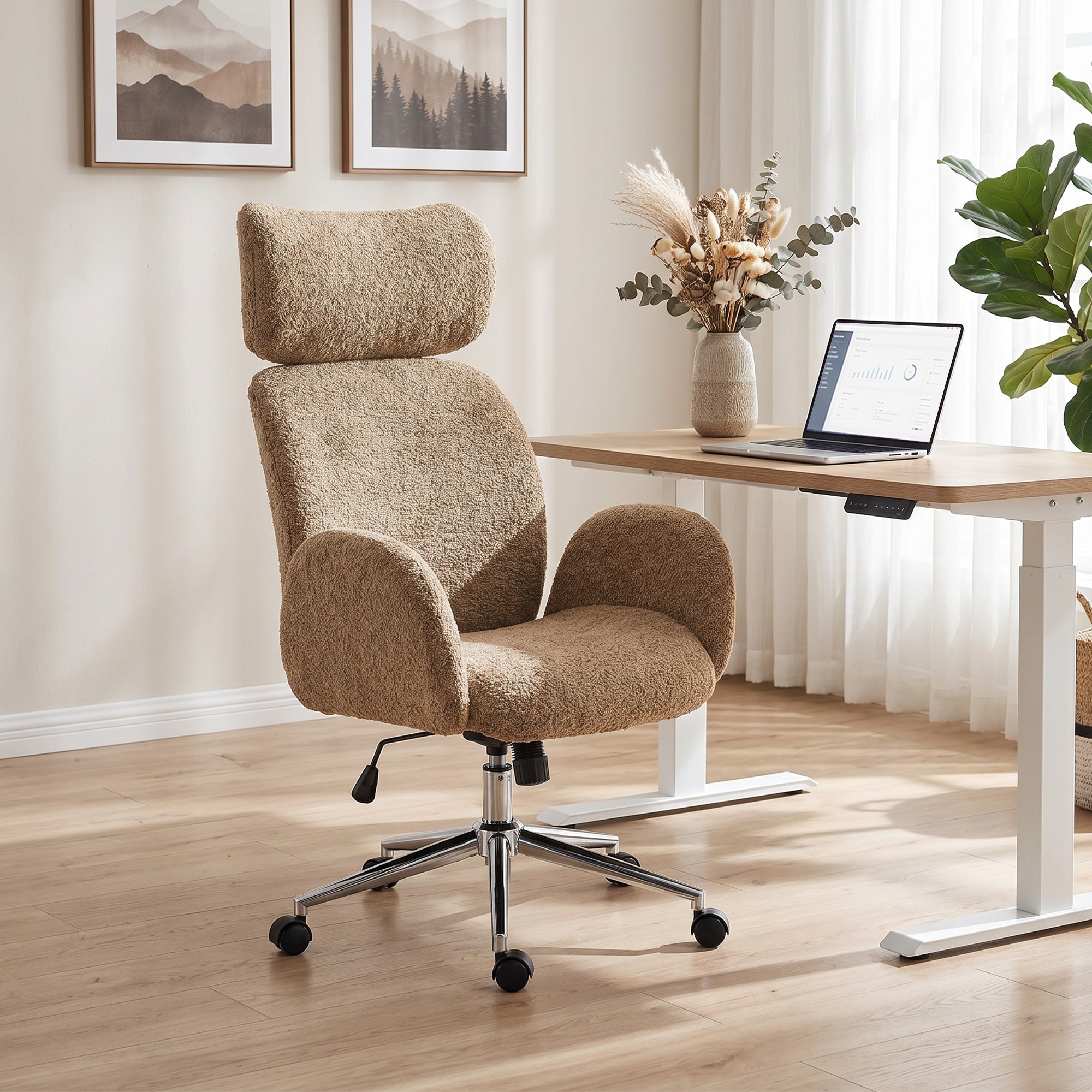 Office Chair for Home Office with Armrests, Adjustable Headrest, Height-Adjustable Swivel Chair with Tilt, Bouclé Finish, Brown