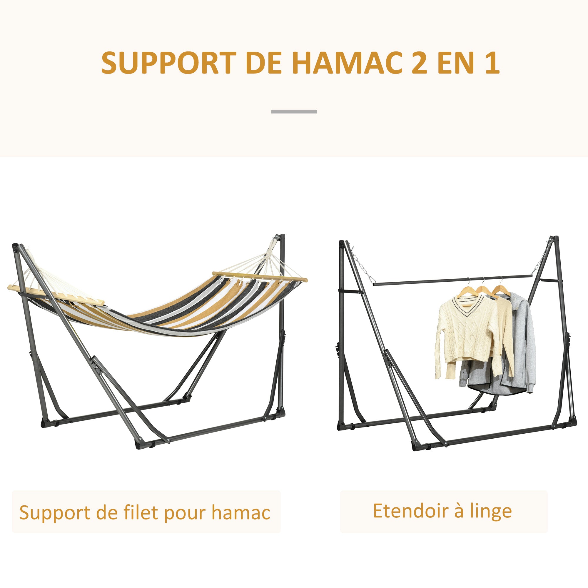 Folding Garden Hammock Clothesline Stand with Curved Metal Epoxy Stand 1 Seater max Load 120 kg dim. 270L x 100W x 94H cm
