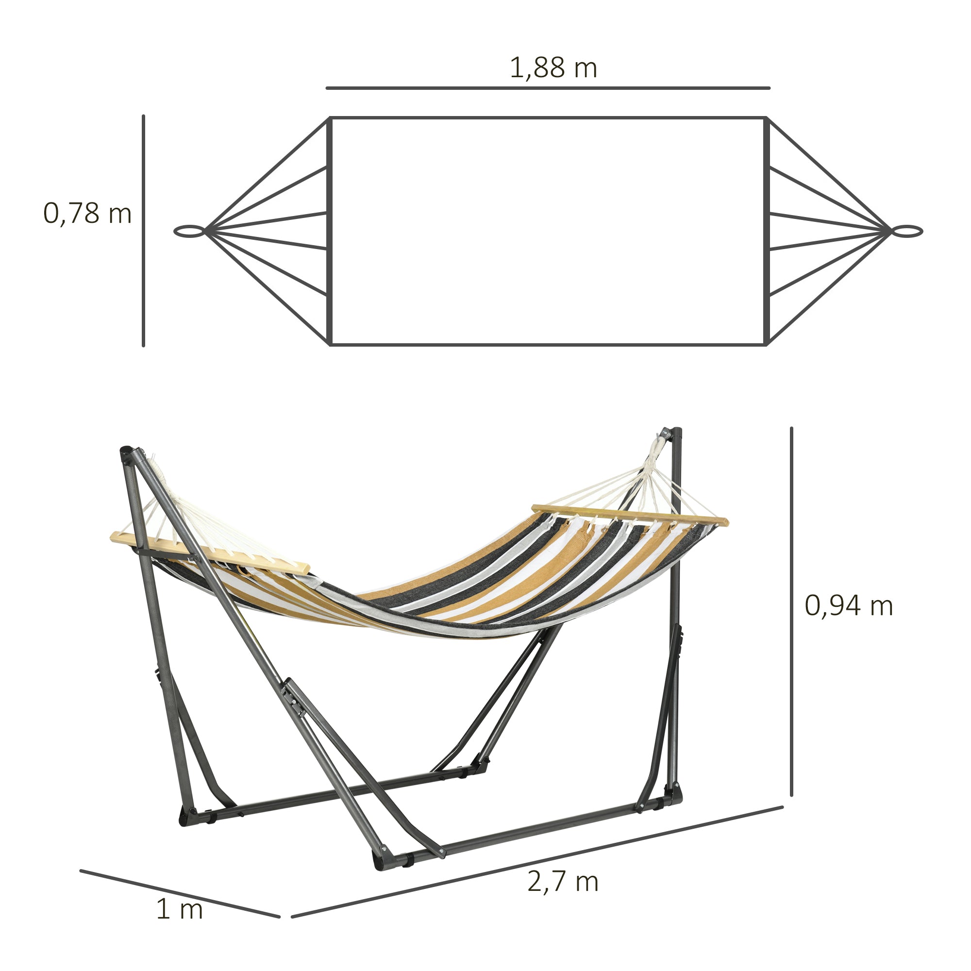 Folding Garden Hammock Clothesline Stand with Curved Metal Epoxy Stand 1 Seater max Load 120 kg dim. 270L x 100W x 94H cm