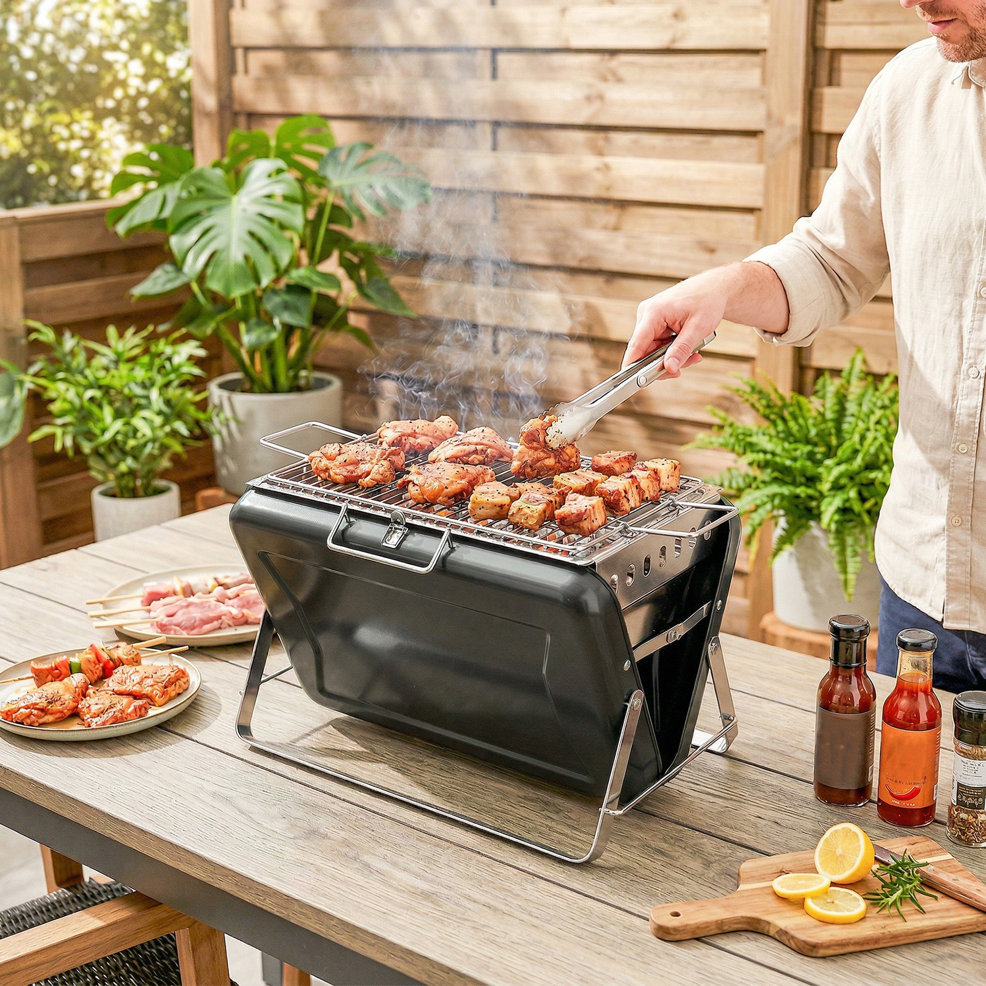Stainless Steel Charcoal BBQ Smoker with Cooking Grate — Portable Carry Handle, Folding Legs, Charcoal Stand Grill for Barbecue, Camping, Patio & Garden, 15.7 x 11.0 x 10.0 in, Black