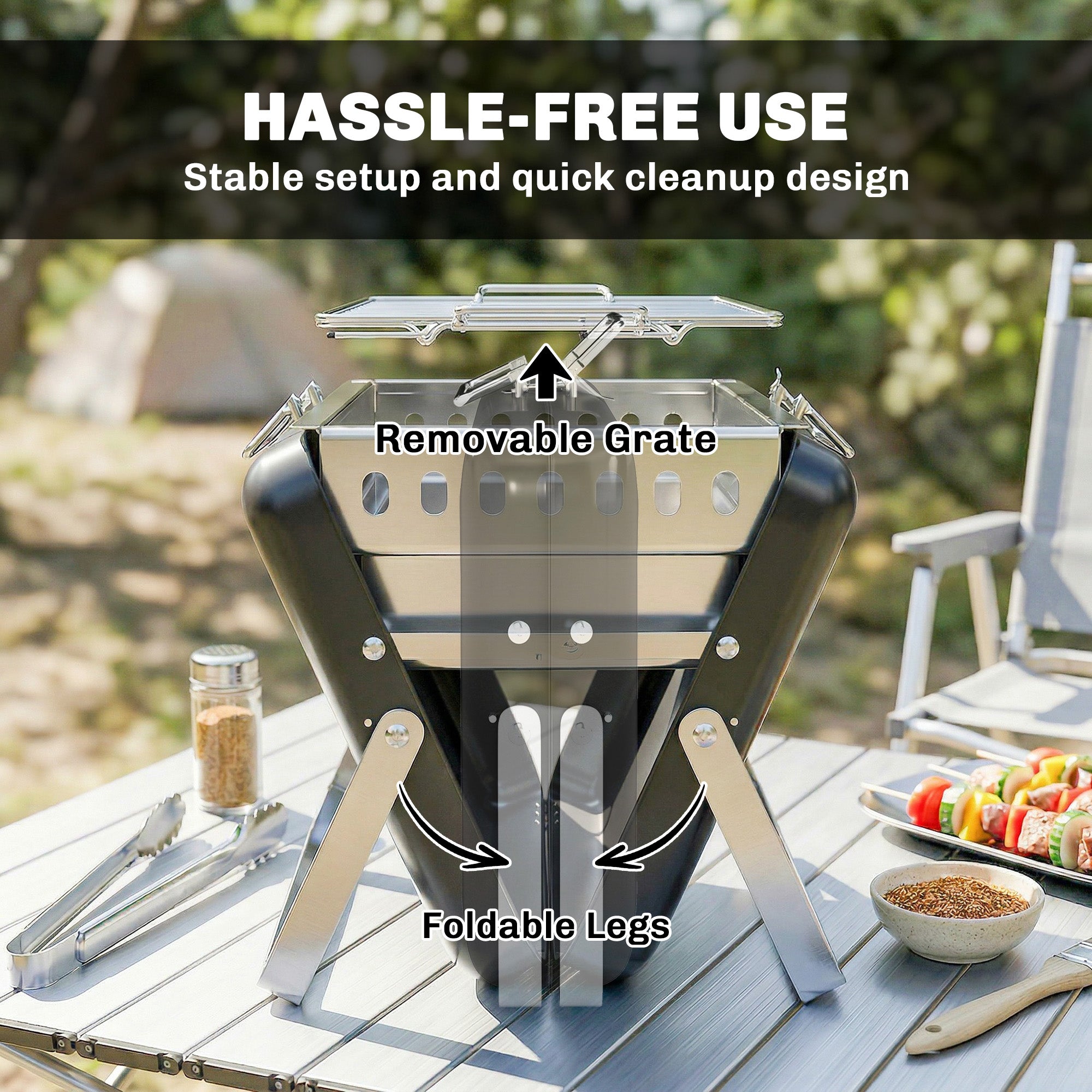 Stainless Steel Charcoal BBQ Smoker with Cooking Grate — Portable Carry Handle, Folding Legs, Charcoal Stand Grill for Barbecue, Camping, Patio & Garden, 15.7 x 11.0 x 10.0 in, Black