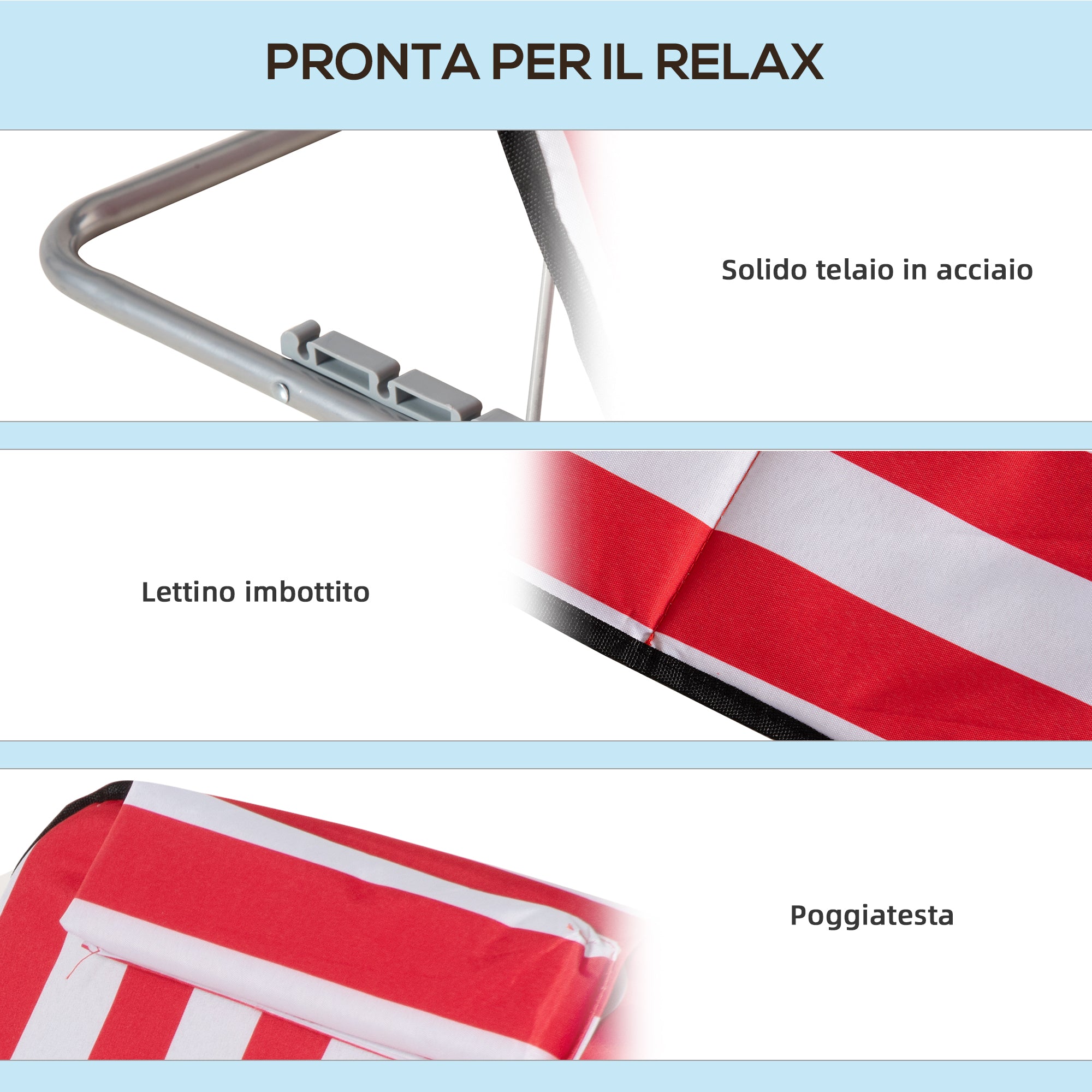 Set of 2 Adjustable Backrest Beach Loungers with 5 Positions, Headrest and Travel Bag, Folding Beach Loungers in Steel and PE, 124x53x35-45 cm, Red and White