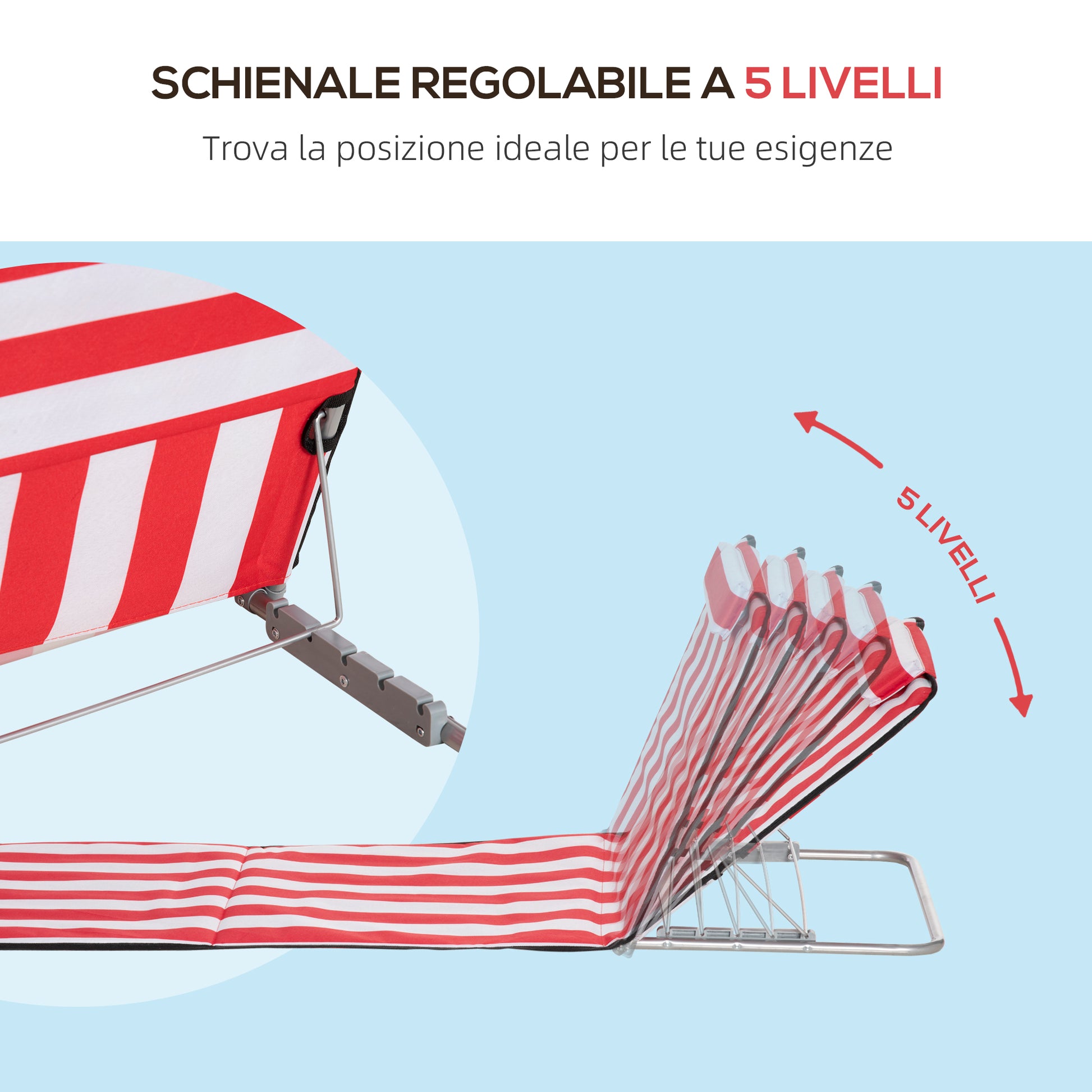 Set of 2 Adjustable Backrest Beach Loungers with 5 Positions, Headrest and Travel Bag, Folding Beach Loungers in Steel and PE, 124x53x35-45 cm, Red and White