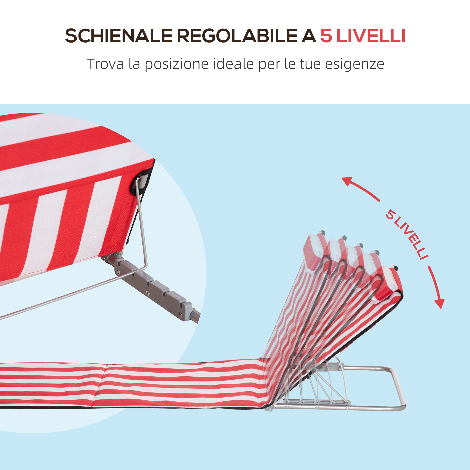 Set of 2 Adjustable Backrest Beach Loungers with 5 Positions, Headrest and Travel Bag, Folding Beach Loungers in Steel and PE, 124x53x35-45 cm, Red and White