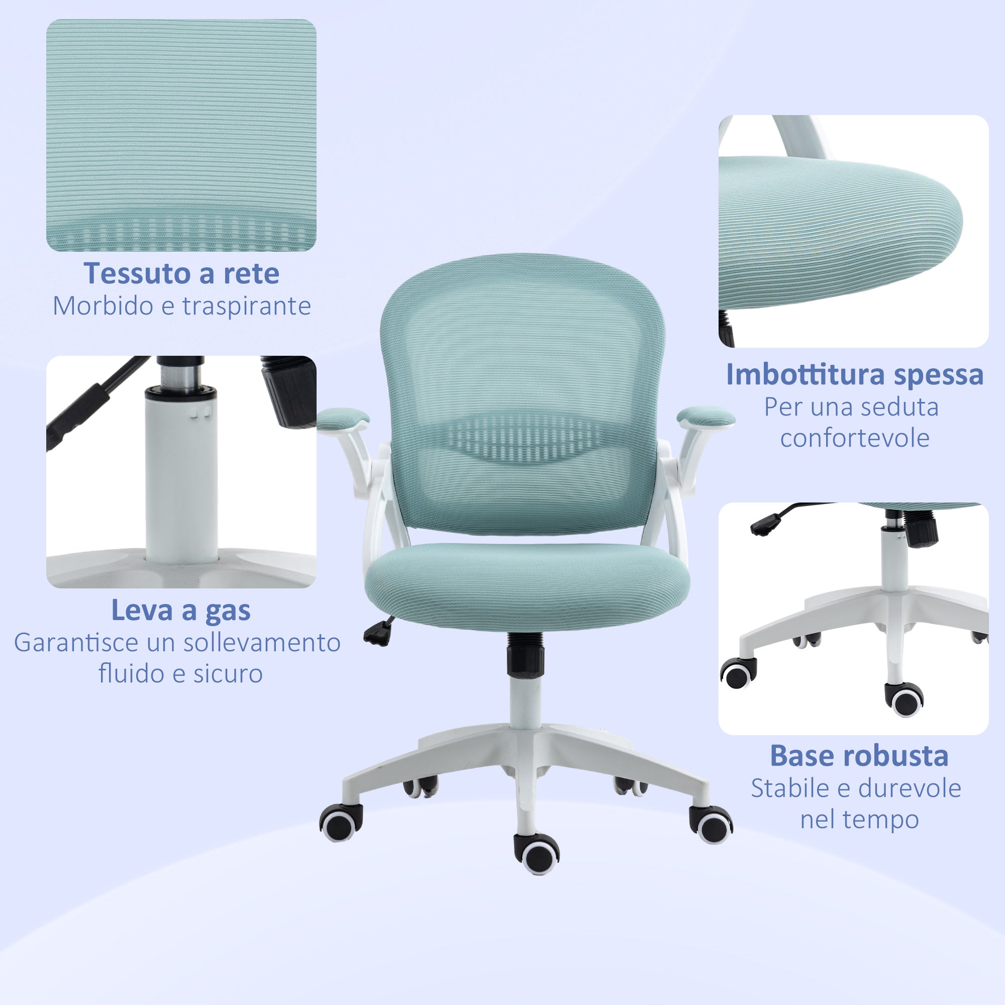 Ergonomic Office Chair with Mesh Backrest and Padded Seat, Adjustable Height, 65.5x61.5x88-97.5cm, Blue