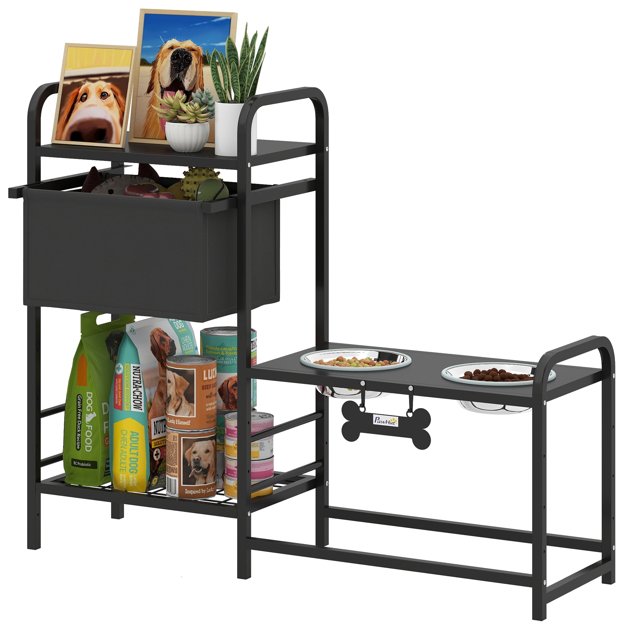 Adjustable Elevated Dog Bowl with Storage — 2 x 800 ml Stainless Bowls, 2-Tier Shelving, Adjustable Height, Black