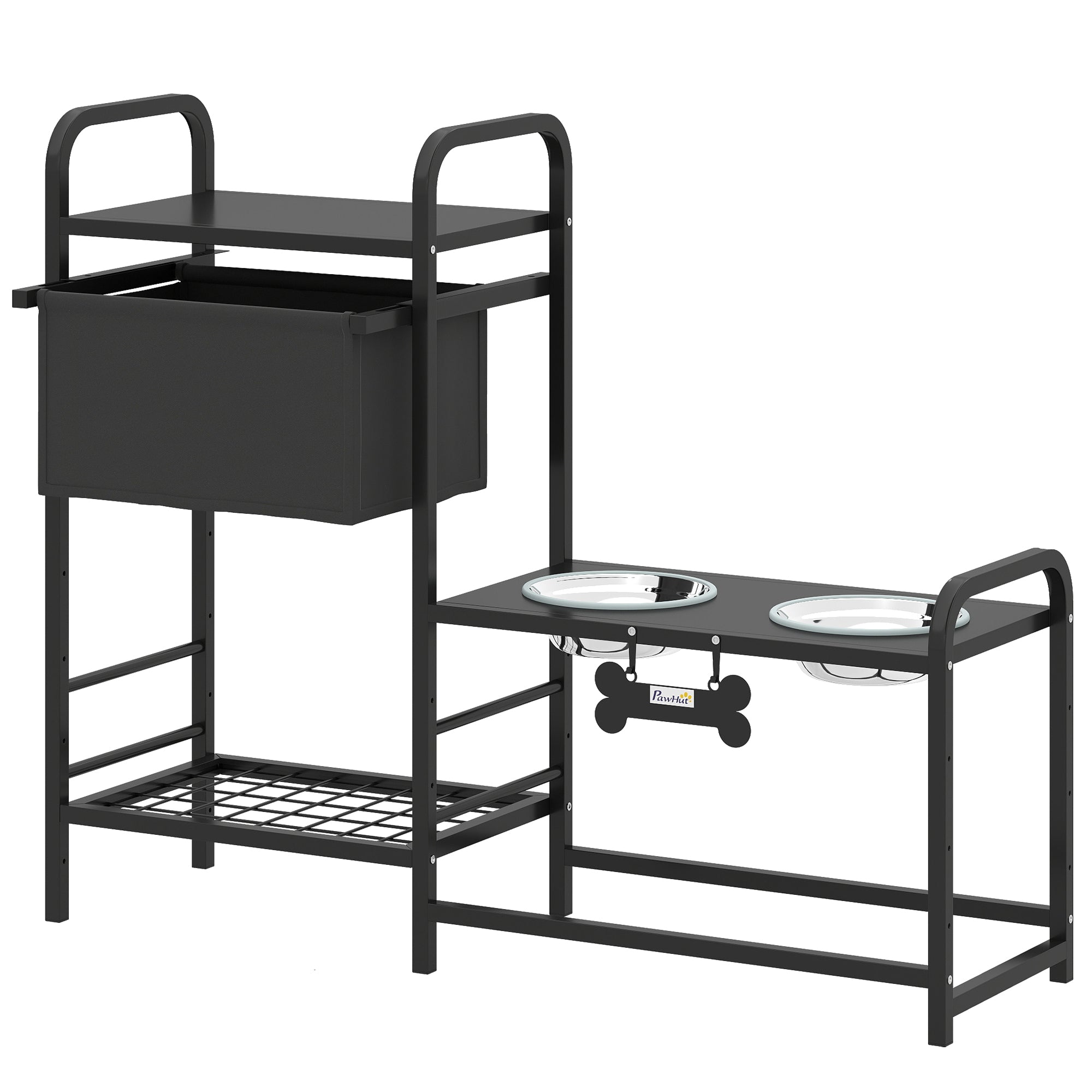 Adjustable Elevated Dog Bowl with Storage — 2 x 800 ml Stainless Bowls, 2-Tier Shelving, Adjustable Height, Black