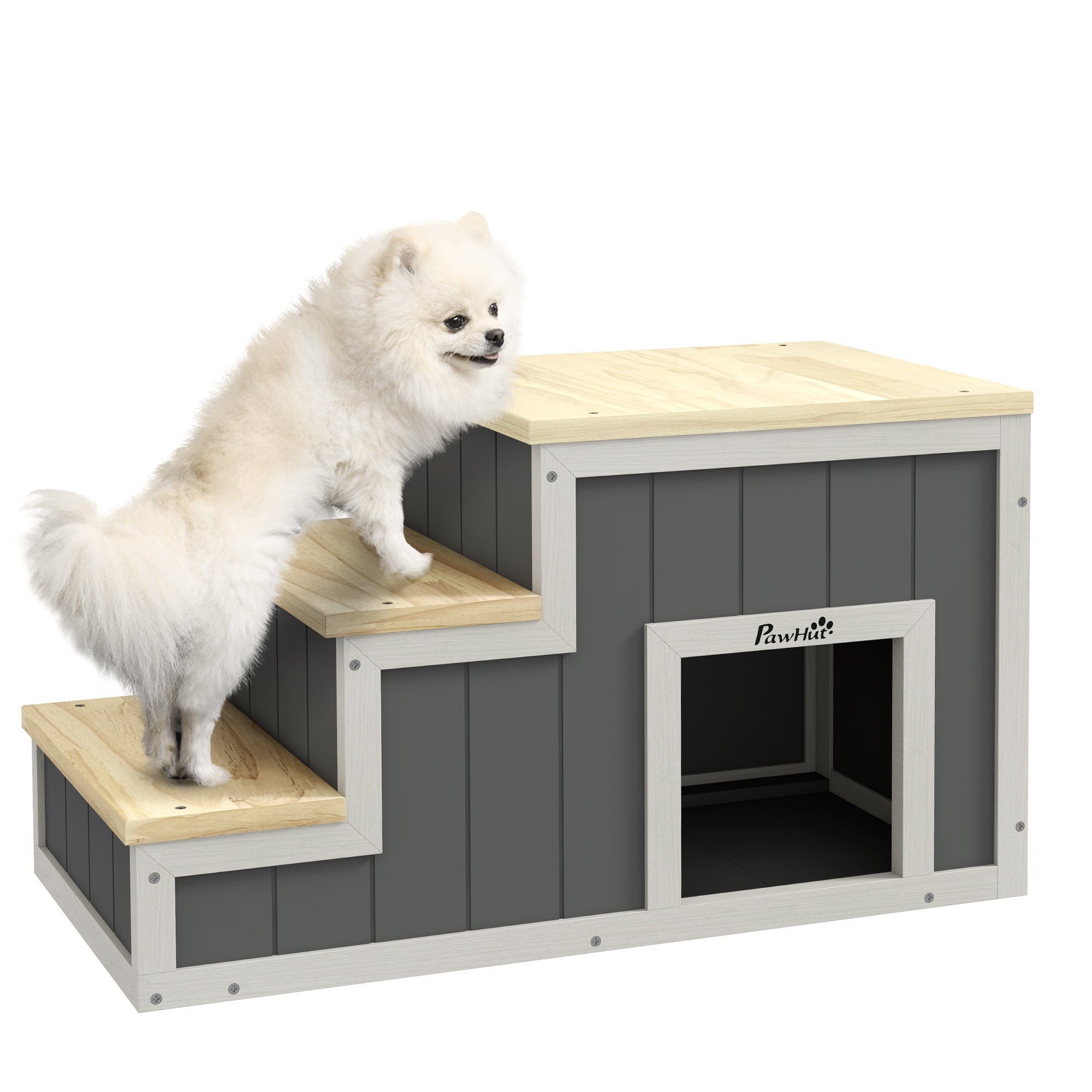 2-in-1 Dog Stairs, Cat Stairs with Cave, Pet Stairs with 3 Steps, Wooden Pet Ramp, Cat Ladder up to 8 kg Capacity, for Sofa, Bed, Natural, Gray