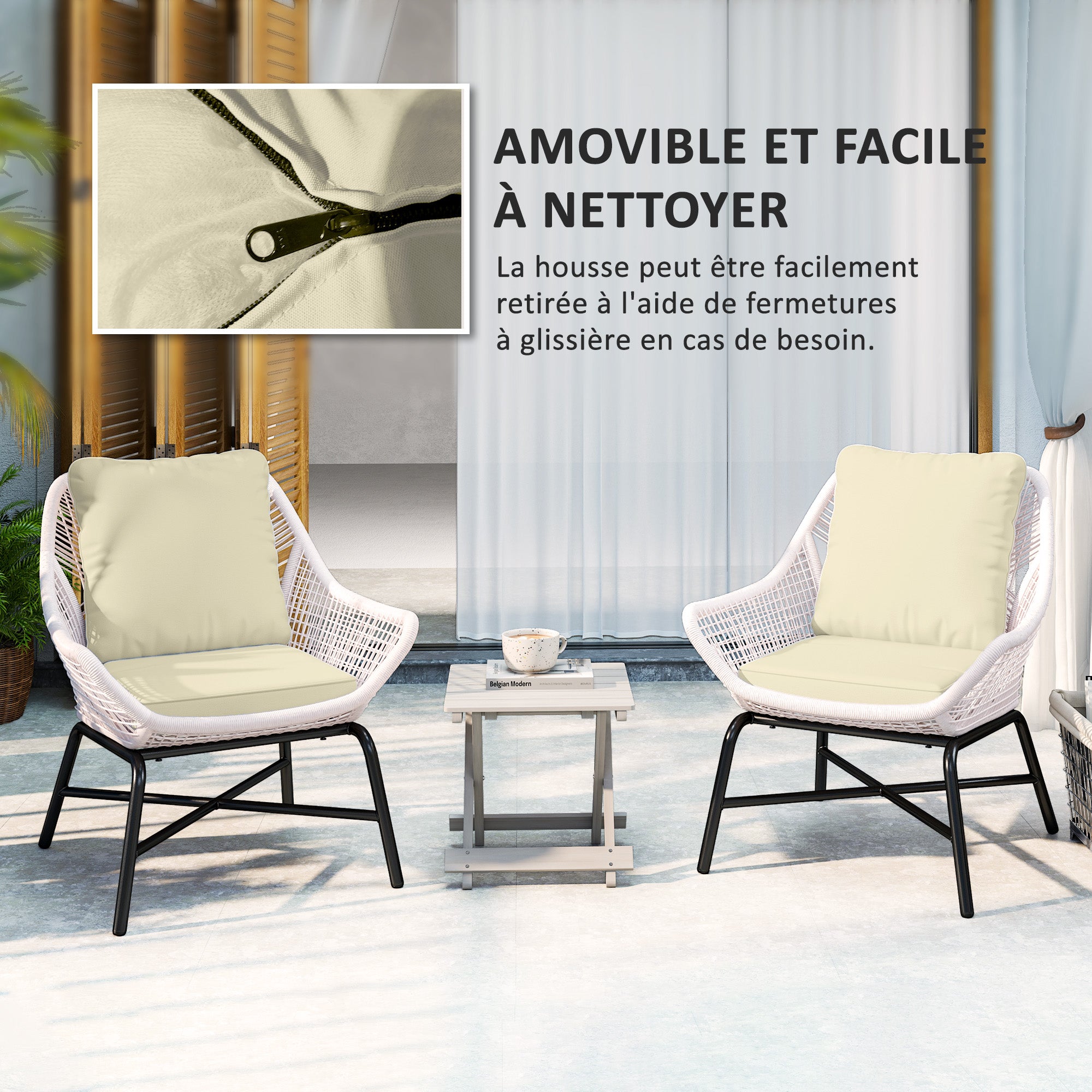 Set of 2 Seat Cushions with Backrest, Comfortable Breathable Seat and Back Cushion, Removable UV-Resistant Cover for Outdoor and Indoor, Cream