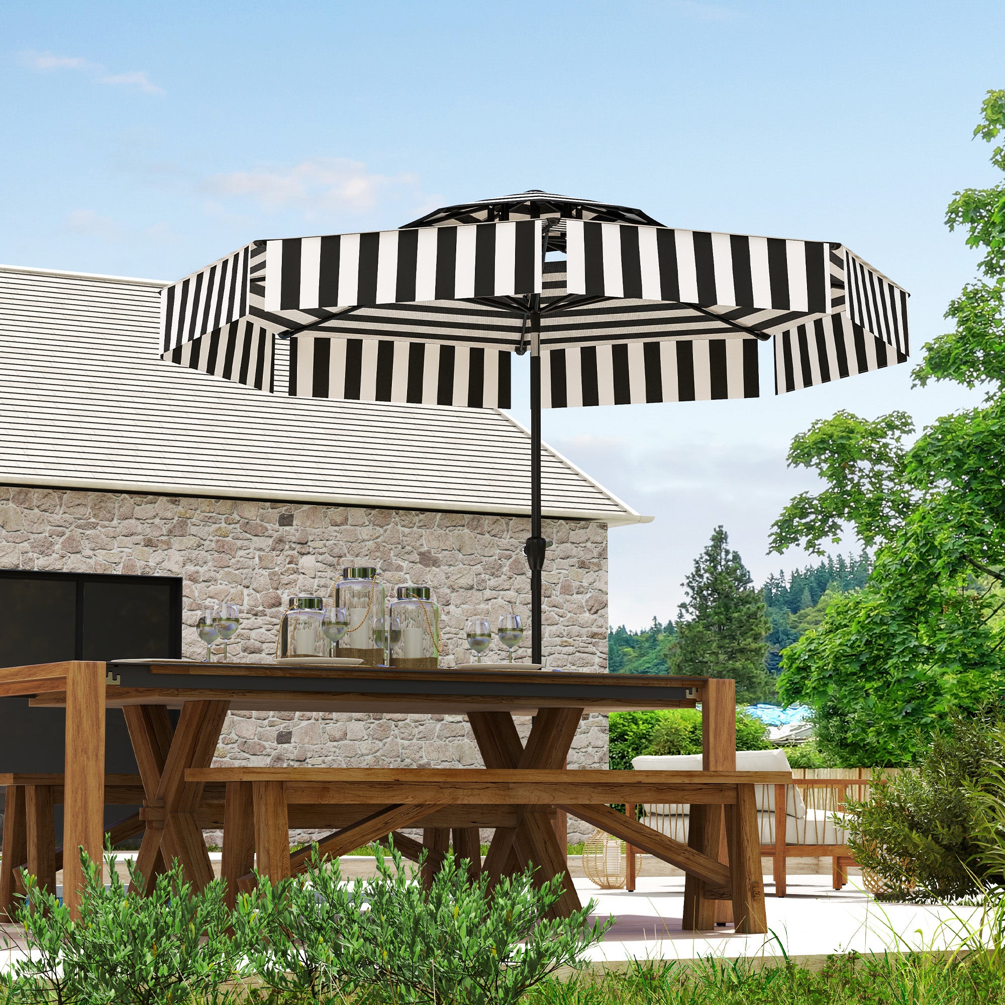Patio Umbrella Ø263 cm Garden Umbrella with Adjustable Angle and Crank UV30+ Protection Sunshade for Patio Terrace Black and White