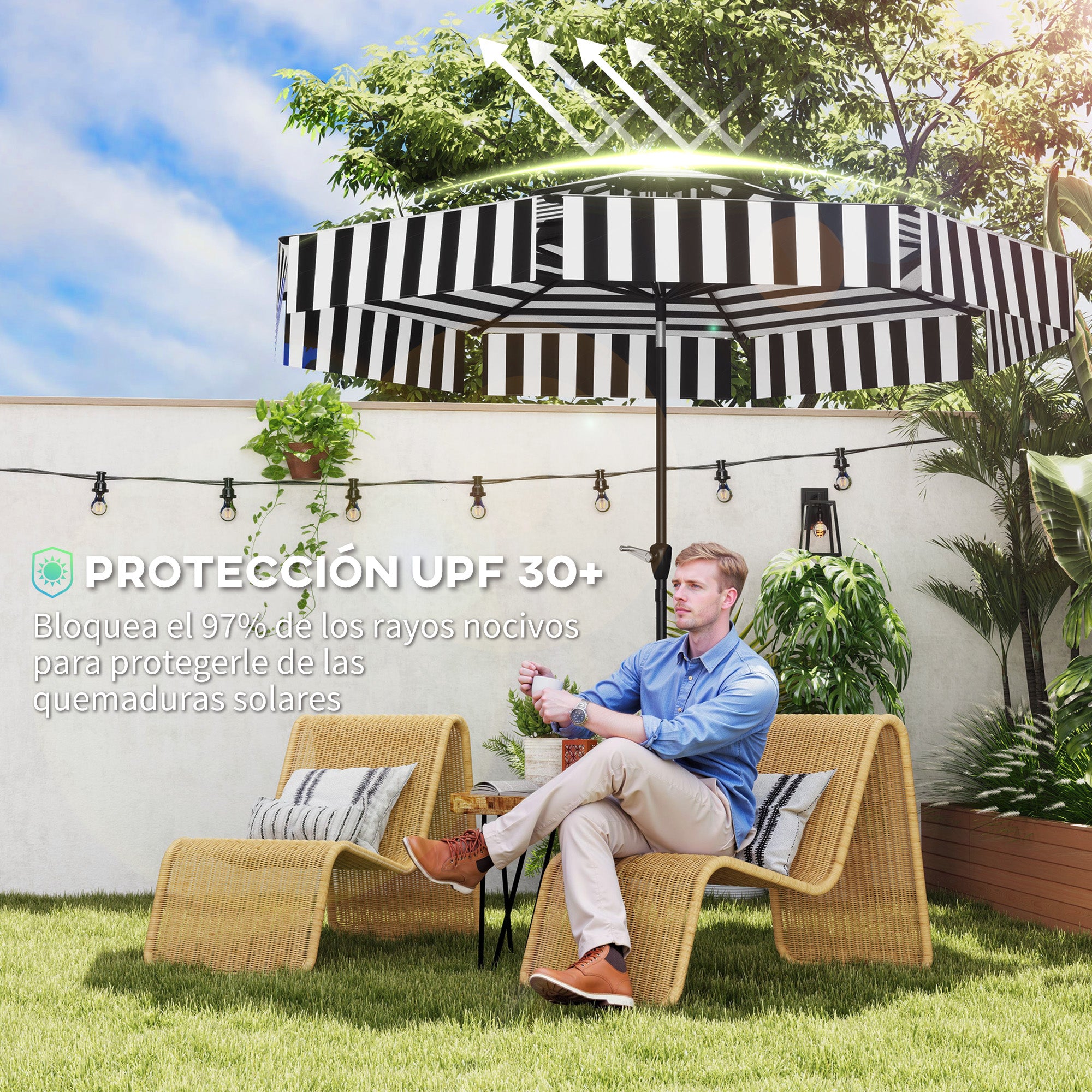 Patio Umbrella Ø263 cm Garden Umbrella with Adjustable Angle and Crank UV30+ Protection Sunshade for Patio Terrace Black and White