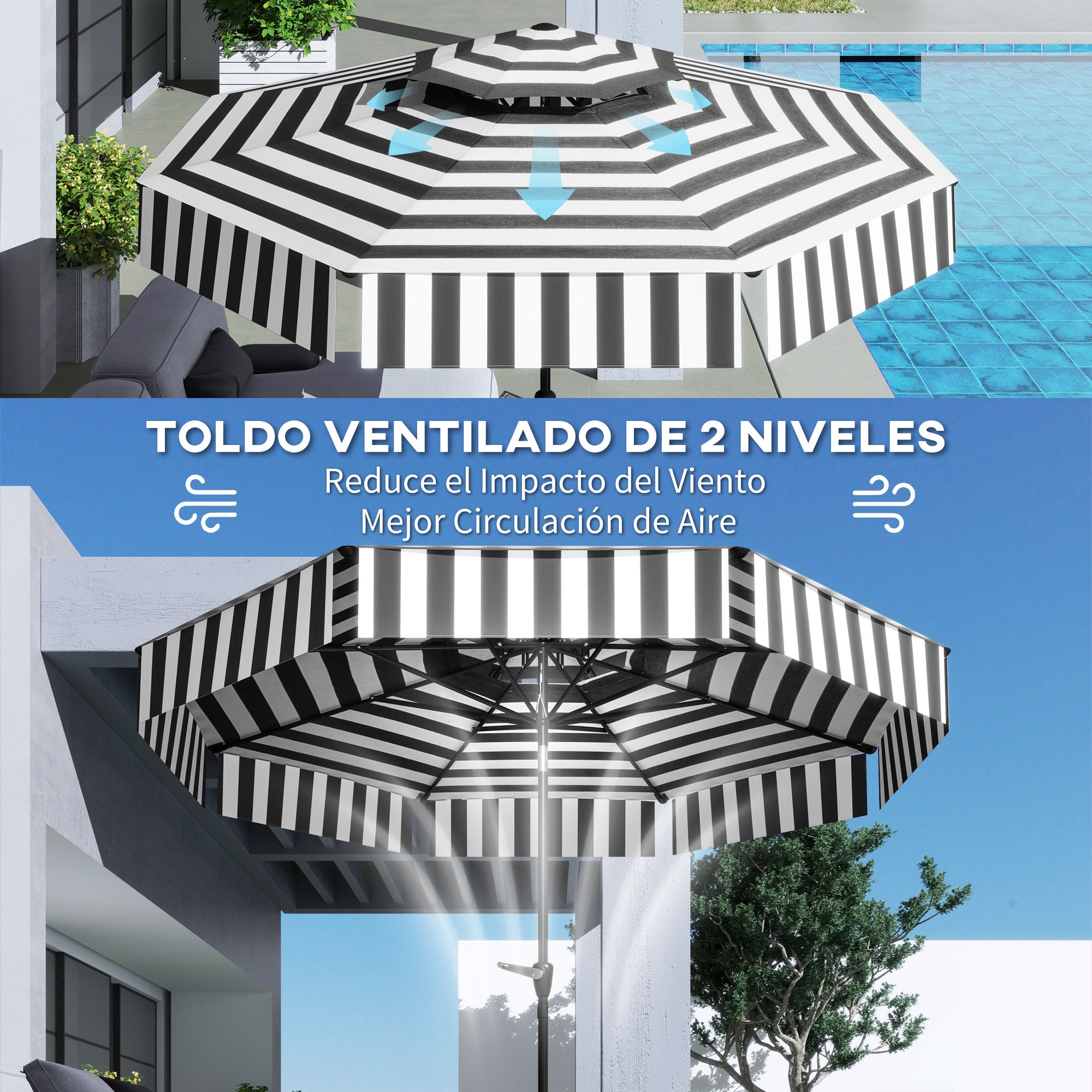 Patio Umbrella Ø263 cm Garden Umbrella with Adjustable Angle and Crank UV30+ Protection Sunshade for Patio Terrace Black and White