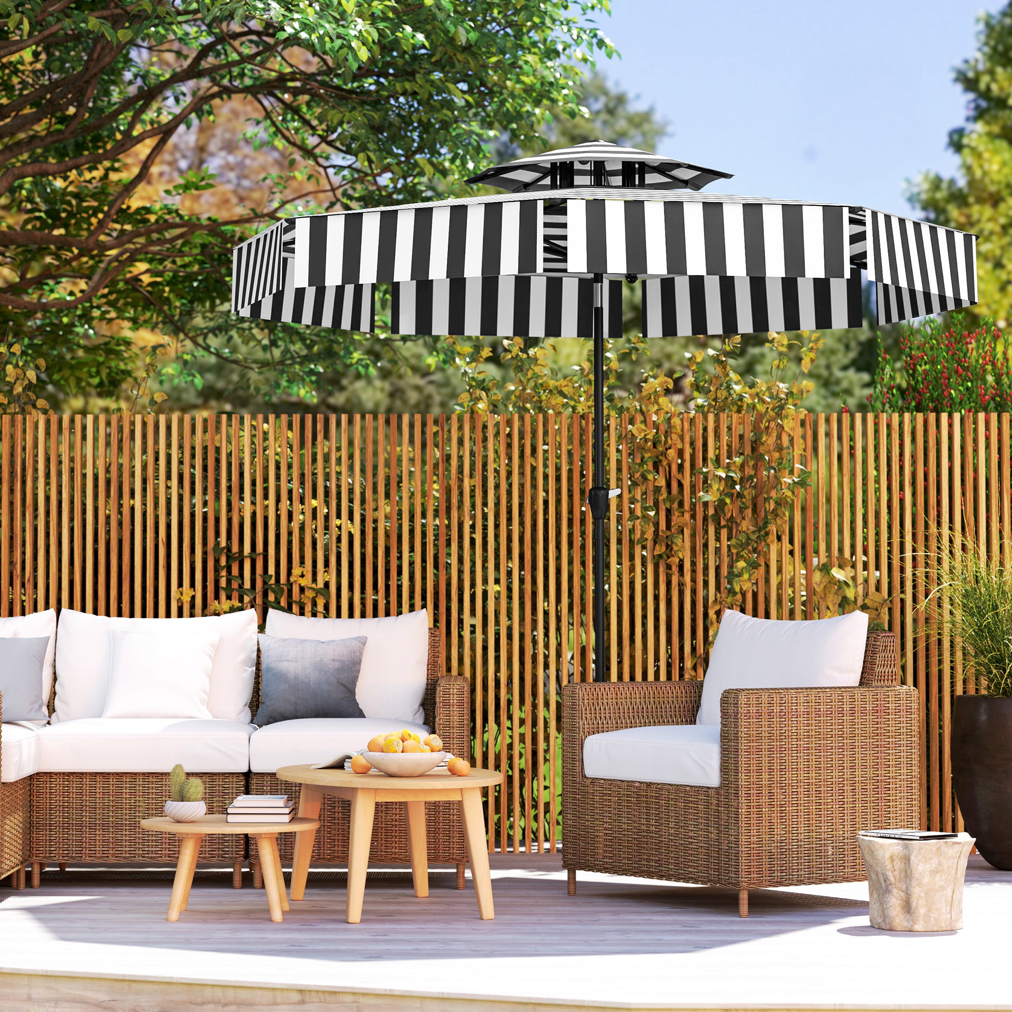 Patio Umbrella Ø263 cm Garden Umbrella with Adjustable Angle and Crank UV30+ Protection Sunshade for Patio Terrace Black and White