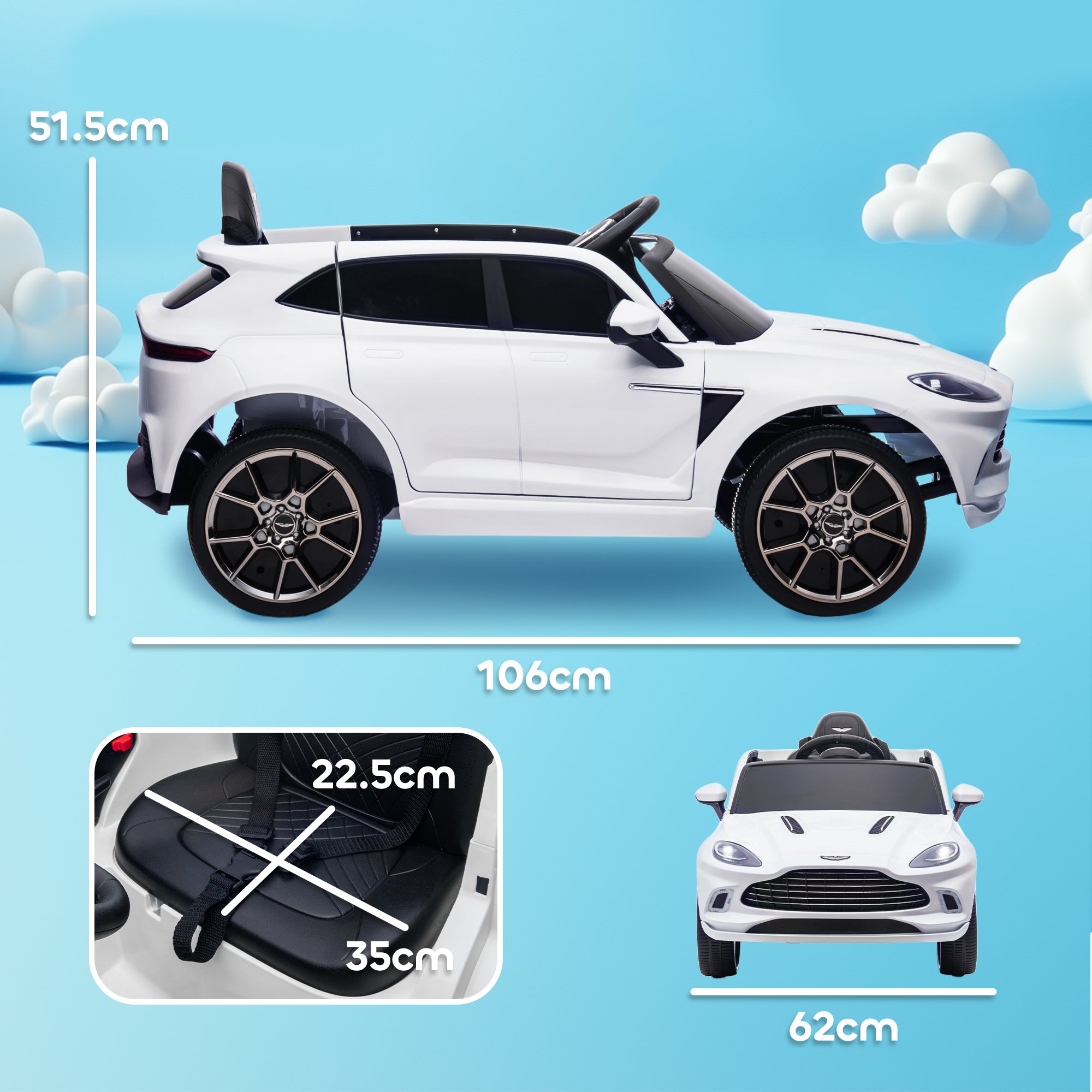 Electric Car for Kids Licensed Aston Martin DBX, 12V Electric Vehicle, with 2.4G Remote Control, LED Headlights, Music, Horn, Spring Suspension, for 3-6 years old, White