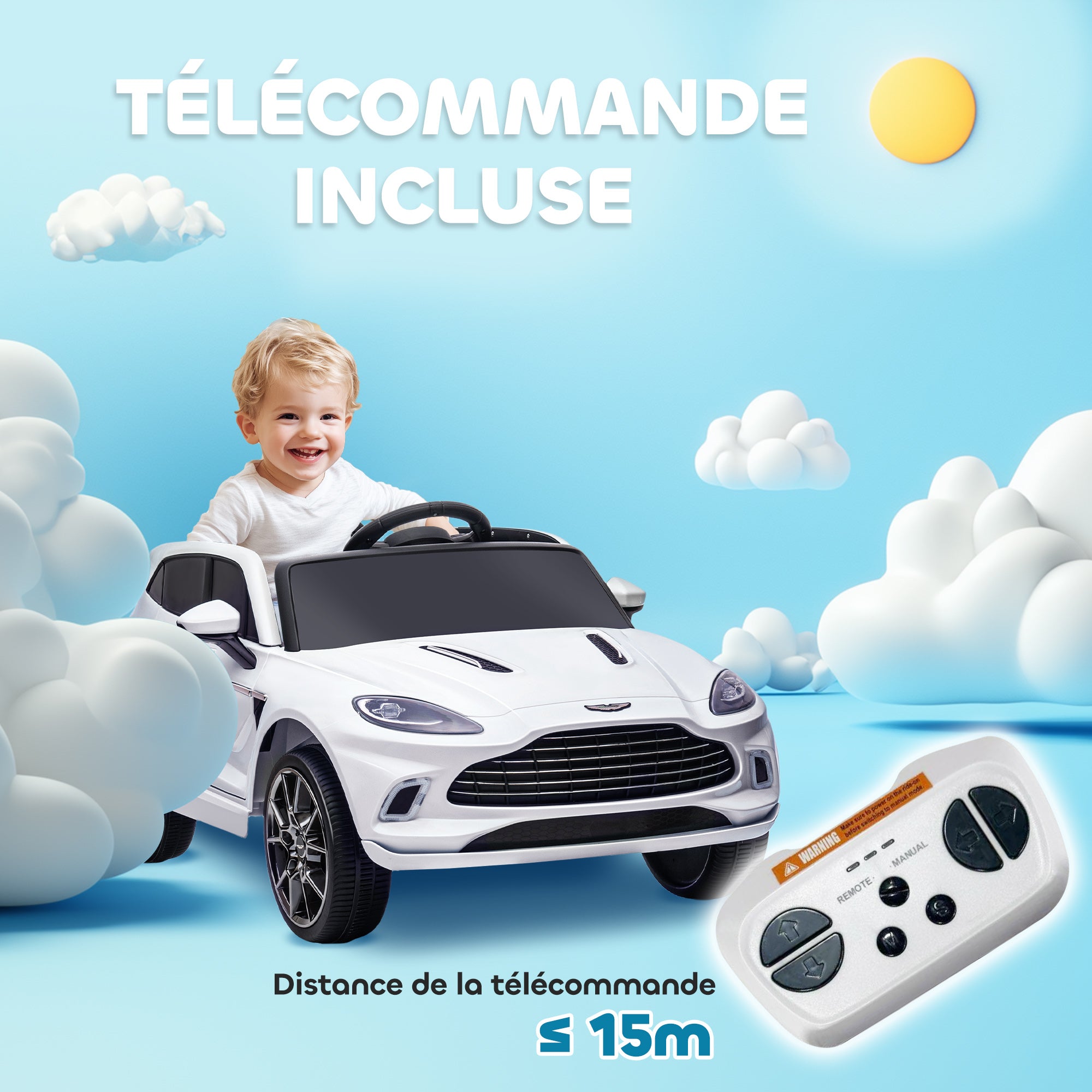 Electric Car for Kids Licensed Aston Martin DBX, 12V Electric Vehicle, with 2.4G Remote Control, LED Headlights, Music, Horn, Spring Suspension, for 3-6 years old, White