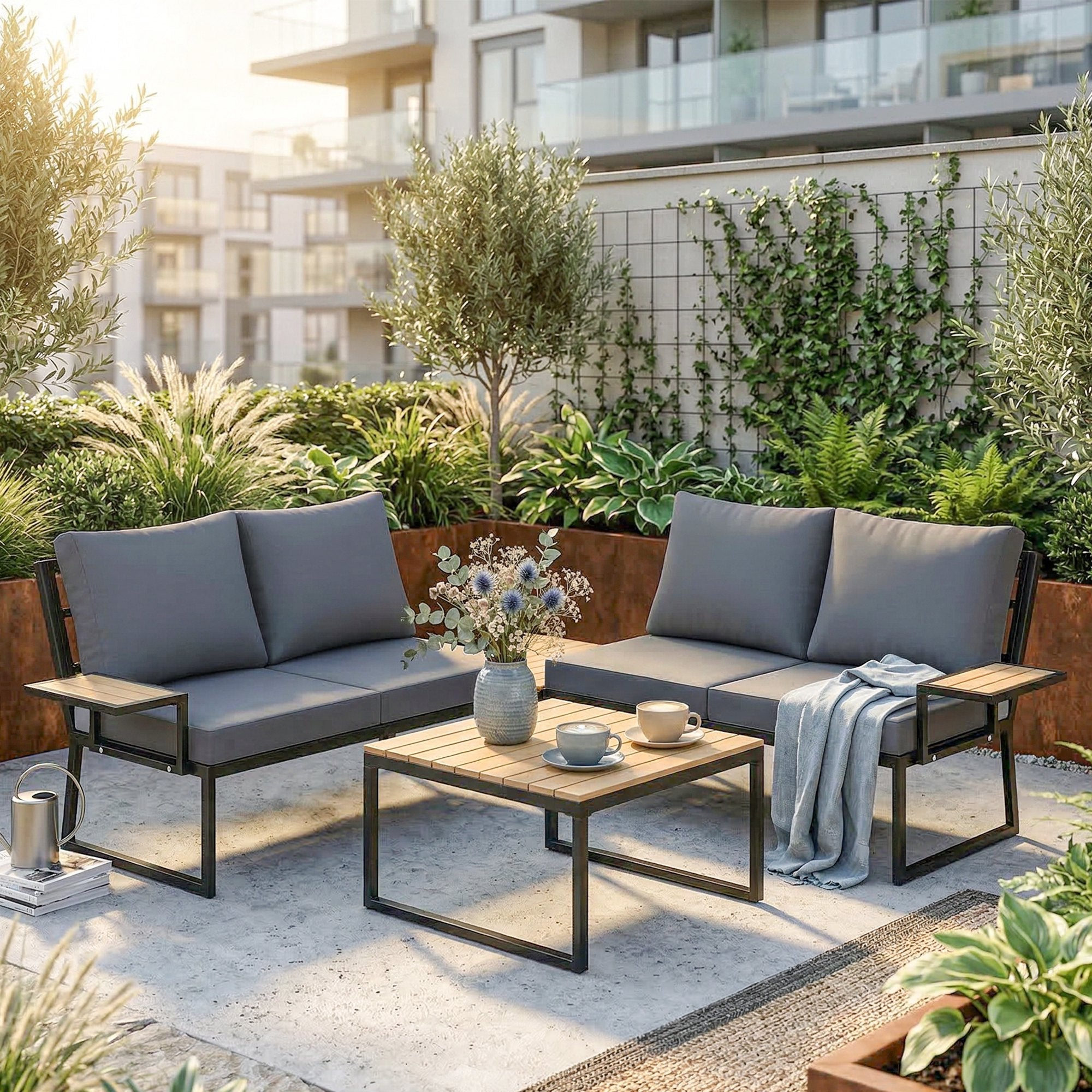 L-Shaped 4-Piece Outdoor Patio Sofa Set for 4 — Two 2-Seater Sectionals with Cushions & 2 Nesting Tables, Teak