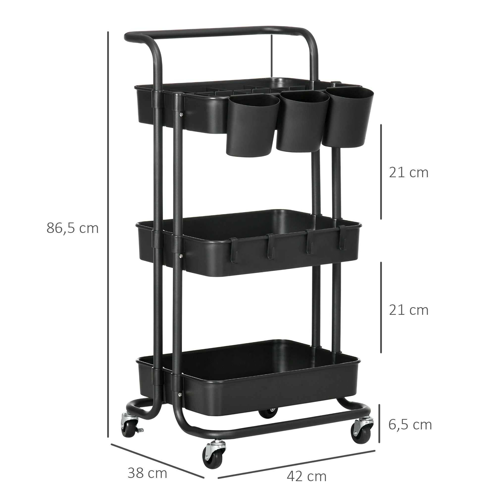 3-Tier Serving Cart with Handle, Rolling Kitchen Cart with Hooks and Storage Baskets, Multi-Purpose Cart for Kitchen, Office, Bathroom, Black