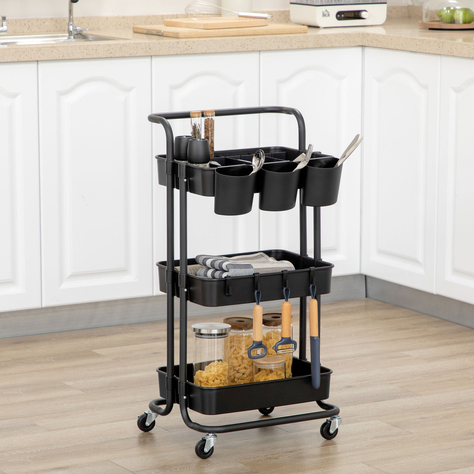 3-Tier Serving Cart with Handle, Rolling Kitchen Cart with Hooks and Storage Baskets, Multi-Purpose Cart for Kitchen, Office, Bathroom, Black