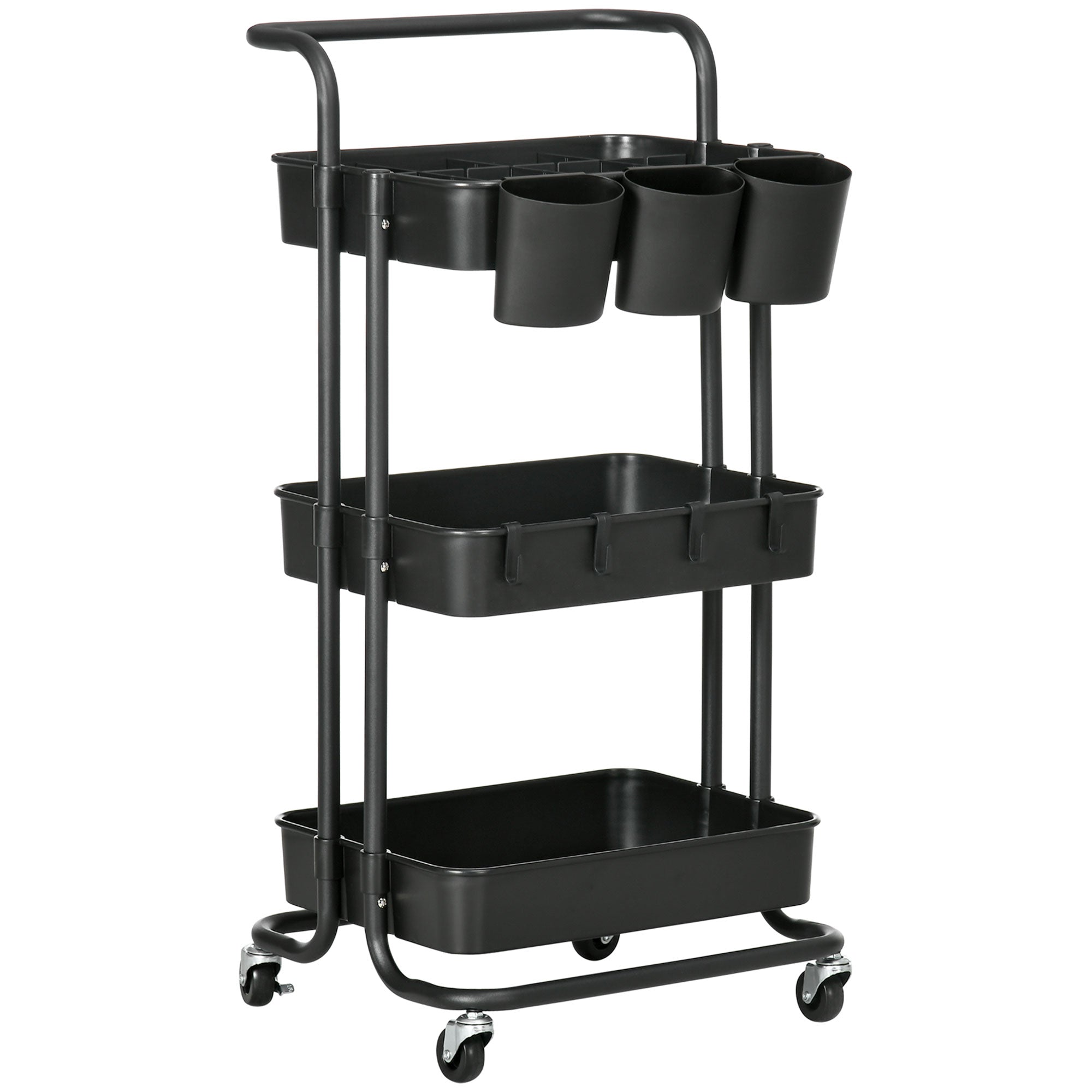 3-Tier Serving Cart with Handle, Rolling Kitchen Cart with Hooks and Storage Baskets, Multi-Purpose Cart for Kitchen, Office, Bathroom, Black