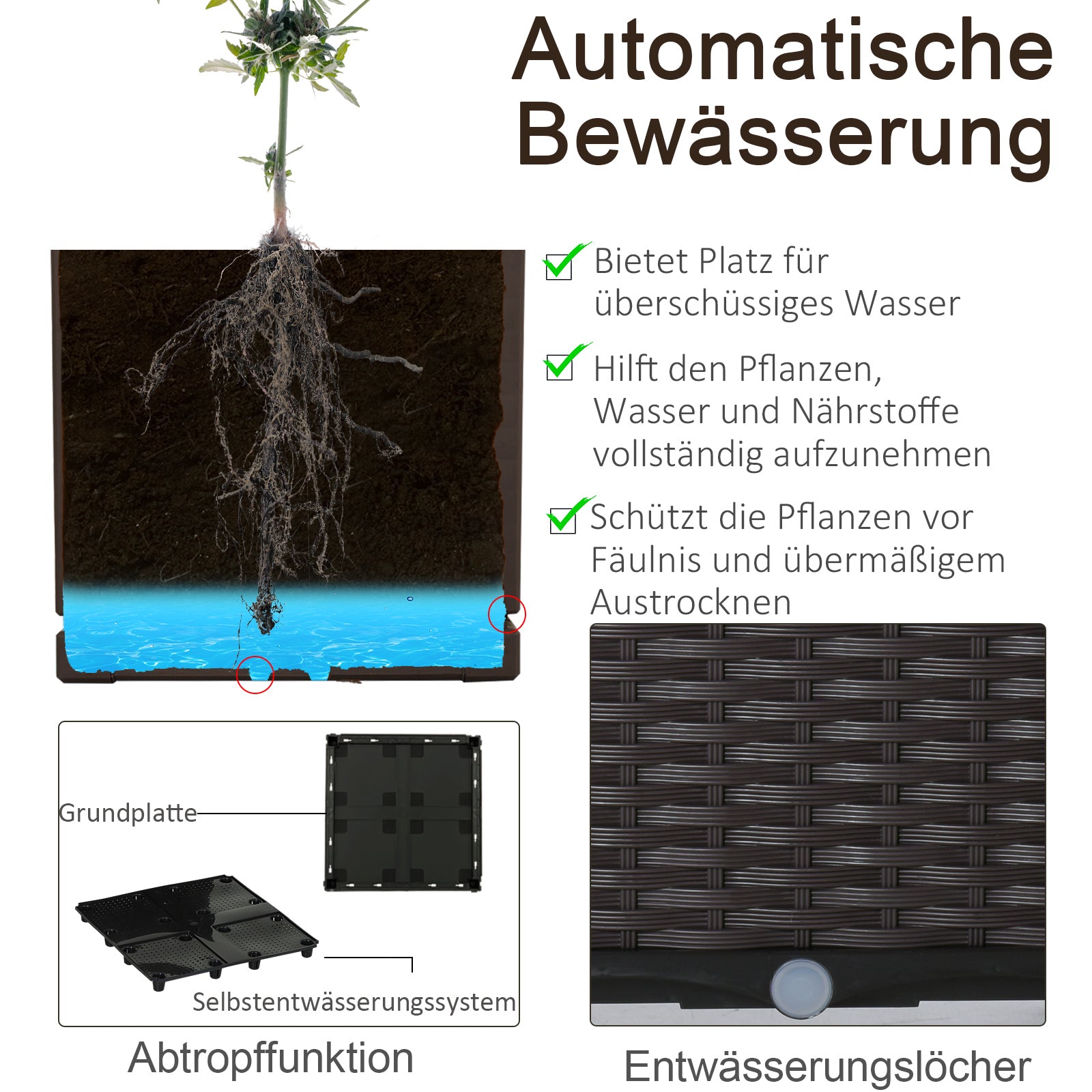 Raised Bed 6-piece Planter Box with Drain Holes Rattan-Look Planter DIY Brown 40 x 40 x 44 cm