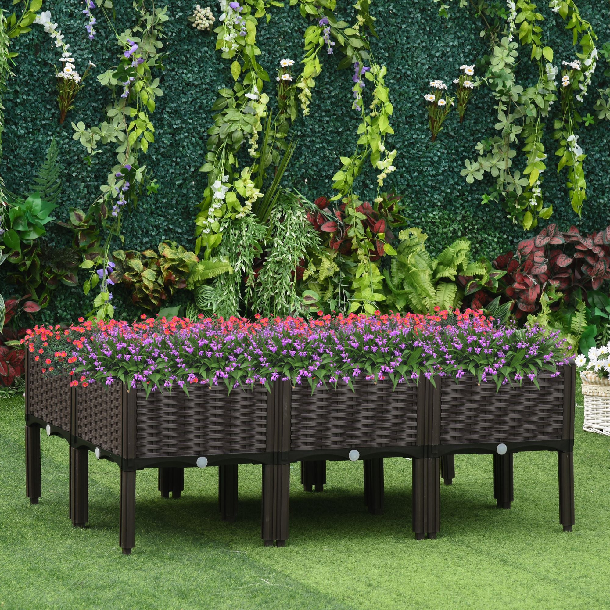 Raised Bed 6-piece Planter Box with Drain Holes Rattan-Look Planter DIY Brown 40 x 40 x 44 cm