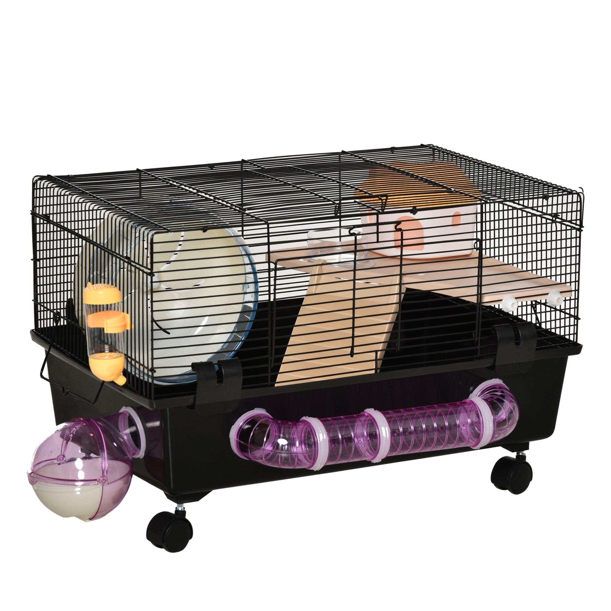 Multilevel Hamster Cage with House, Feeder, Water Bottle, Tunnel, and Wheel, Cage for Small Rodents with 4 Wheels